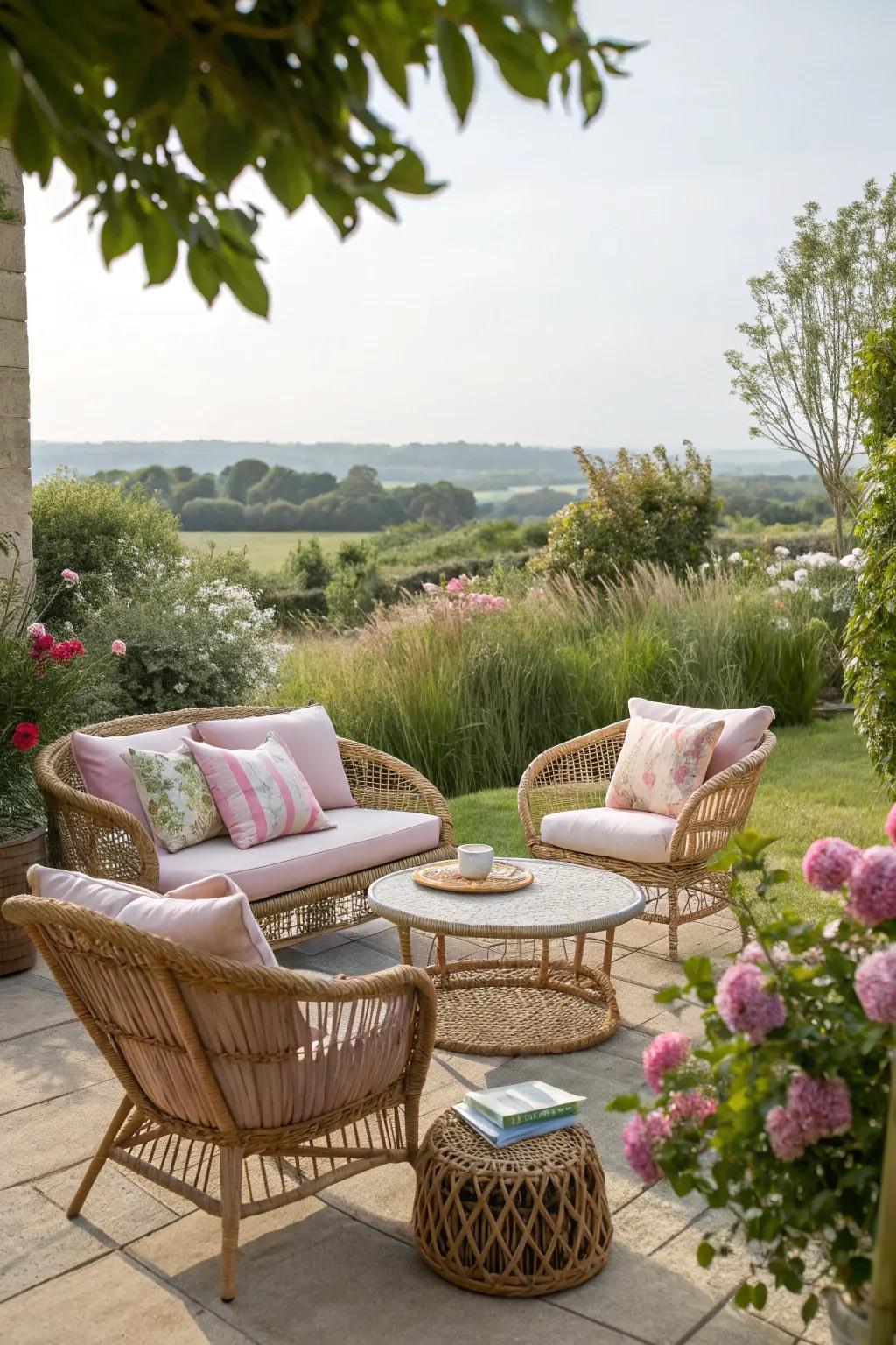 Rattan furnishings add a retro element with natural appeal.