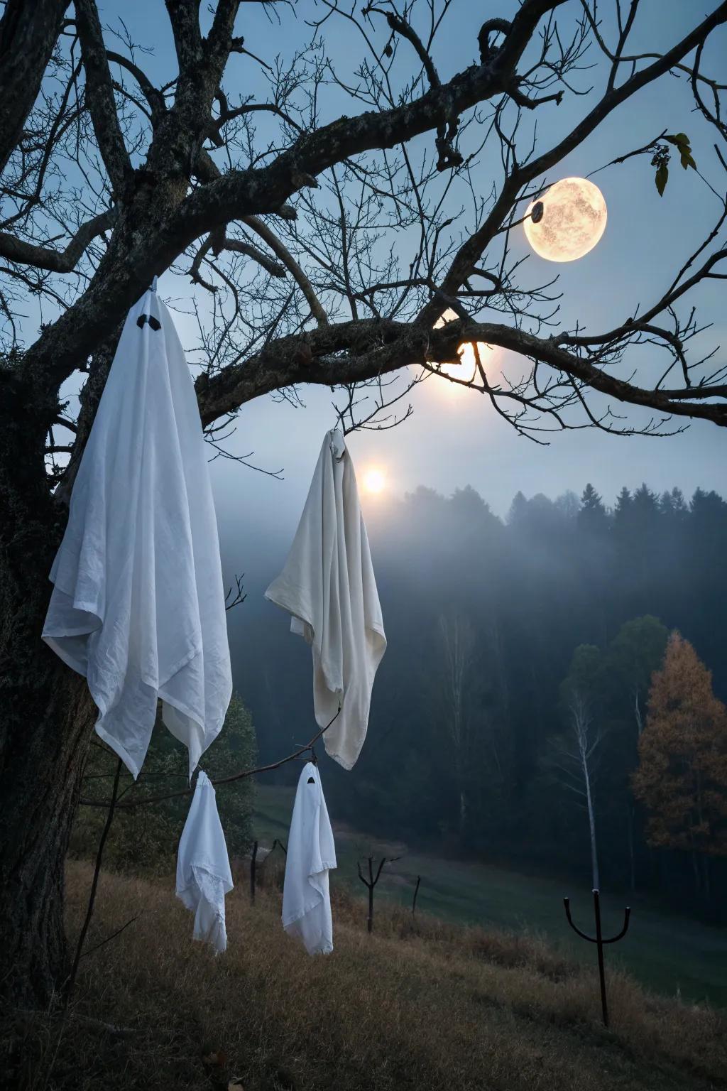 Ghostly figures drifting in the night, enhancing the Halloween magic.