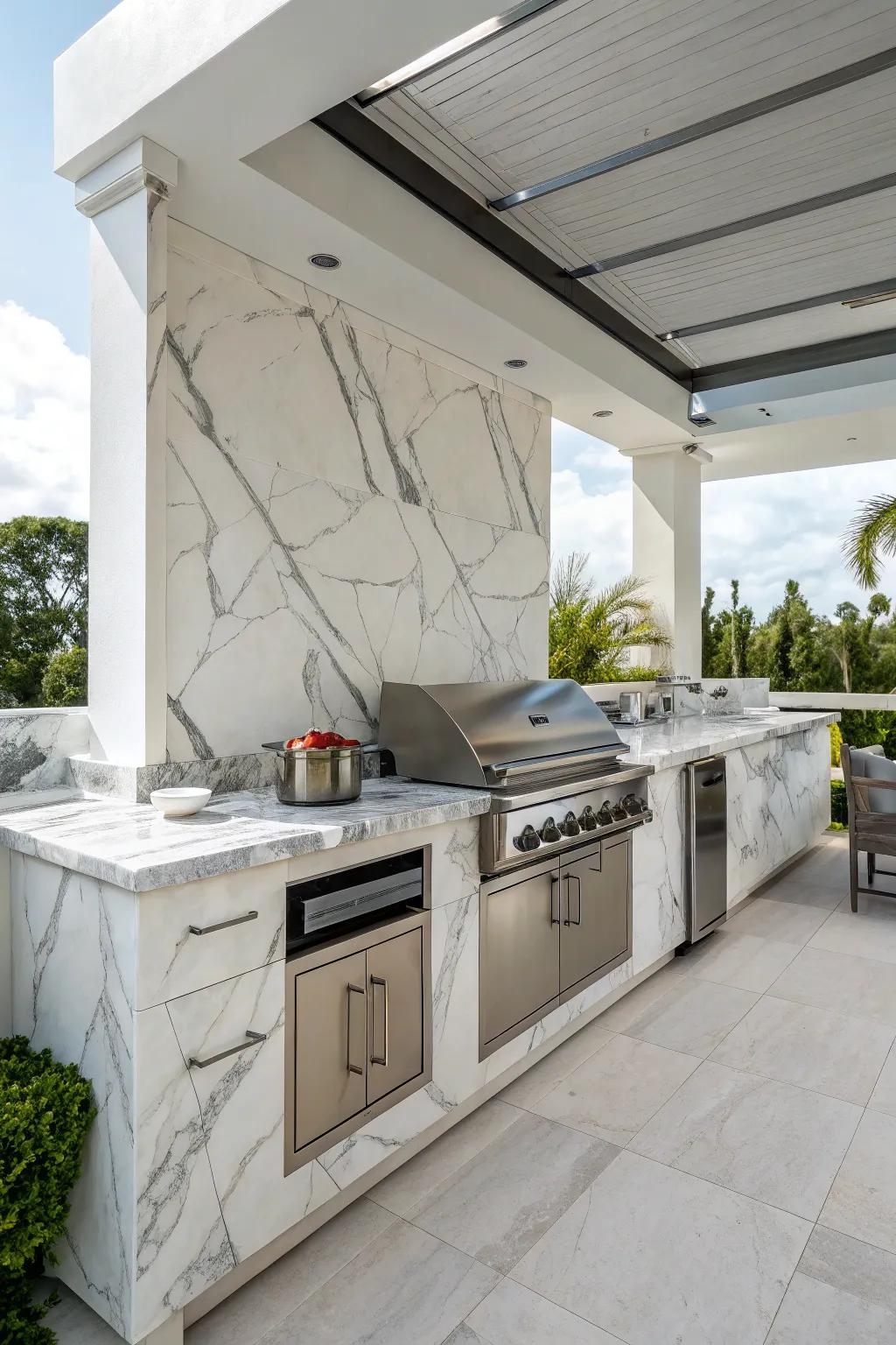 Marble backsplashes add a luxurious and elegant touch to outdoor kitchens.