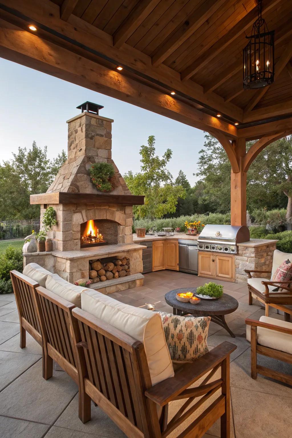 A fireplace enhances your kitchen with warmth and ambiance.