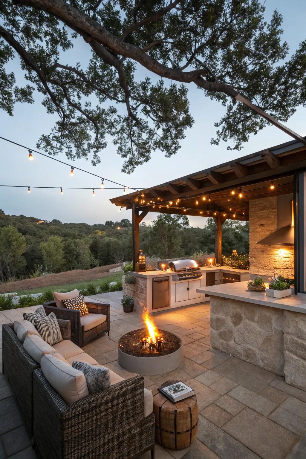Fire features paired with lighting create a magical outdoor atmosphere.