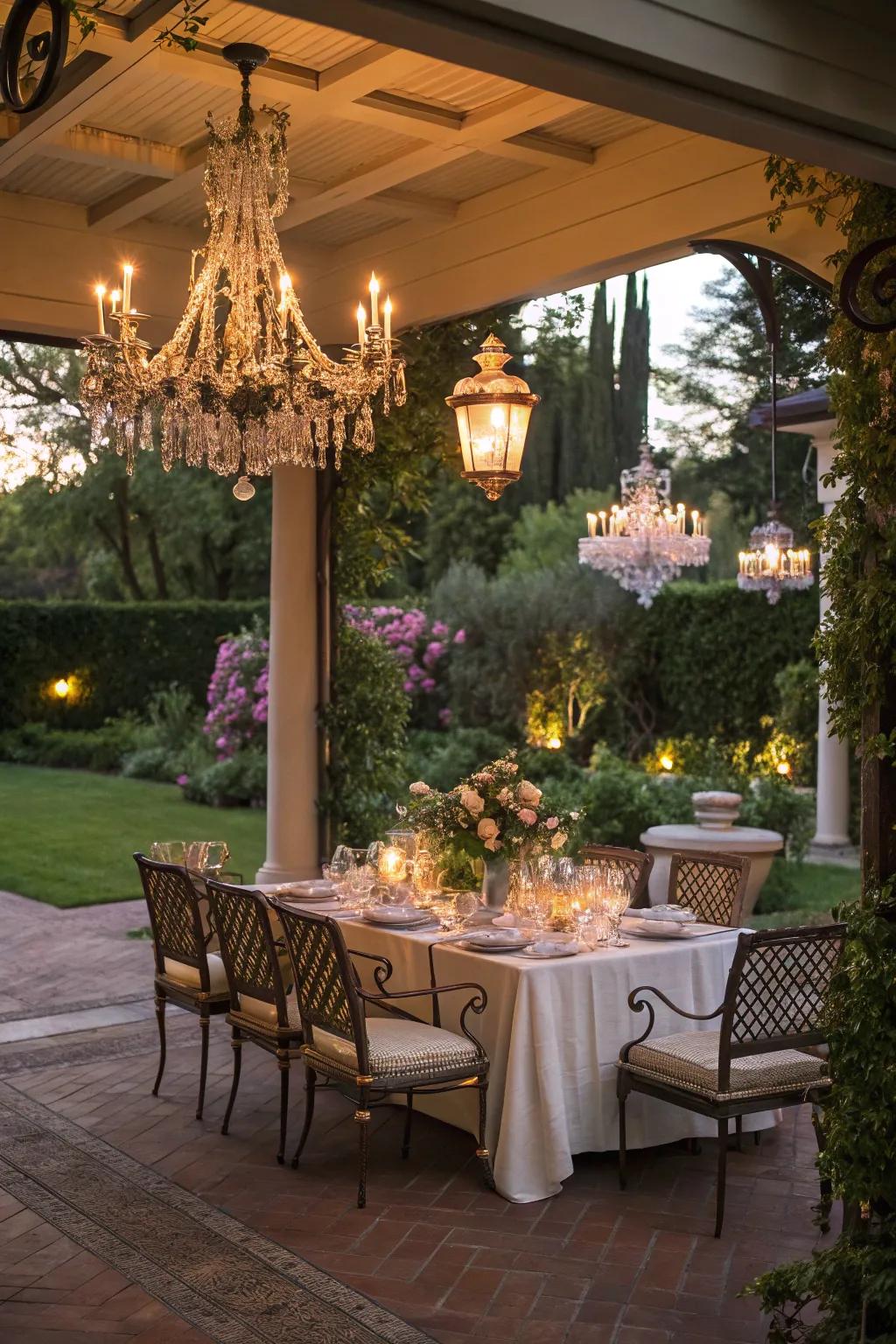 Dine stylishly under a beautifully lit chandelier.