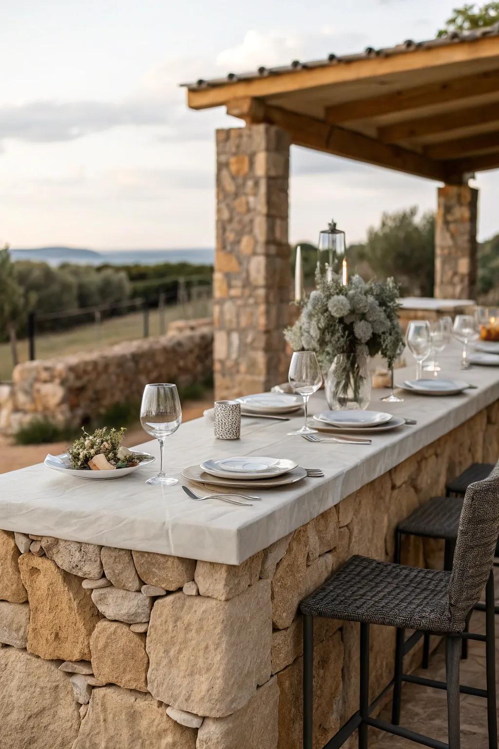 A stone bar that serves as both a bar and dining table for al fresco dining.