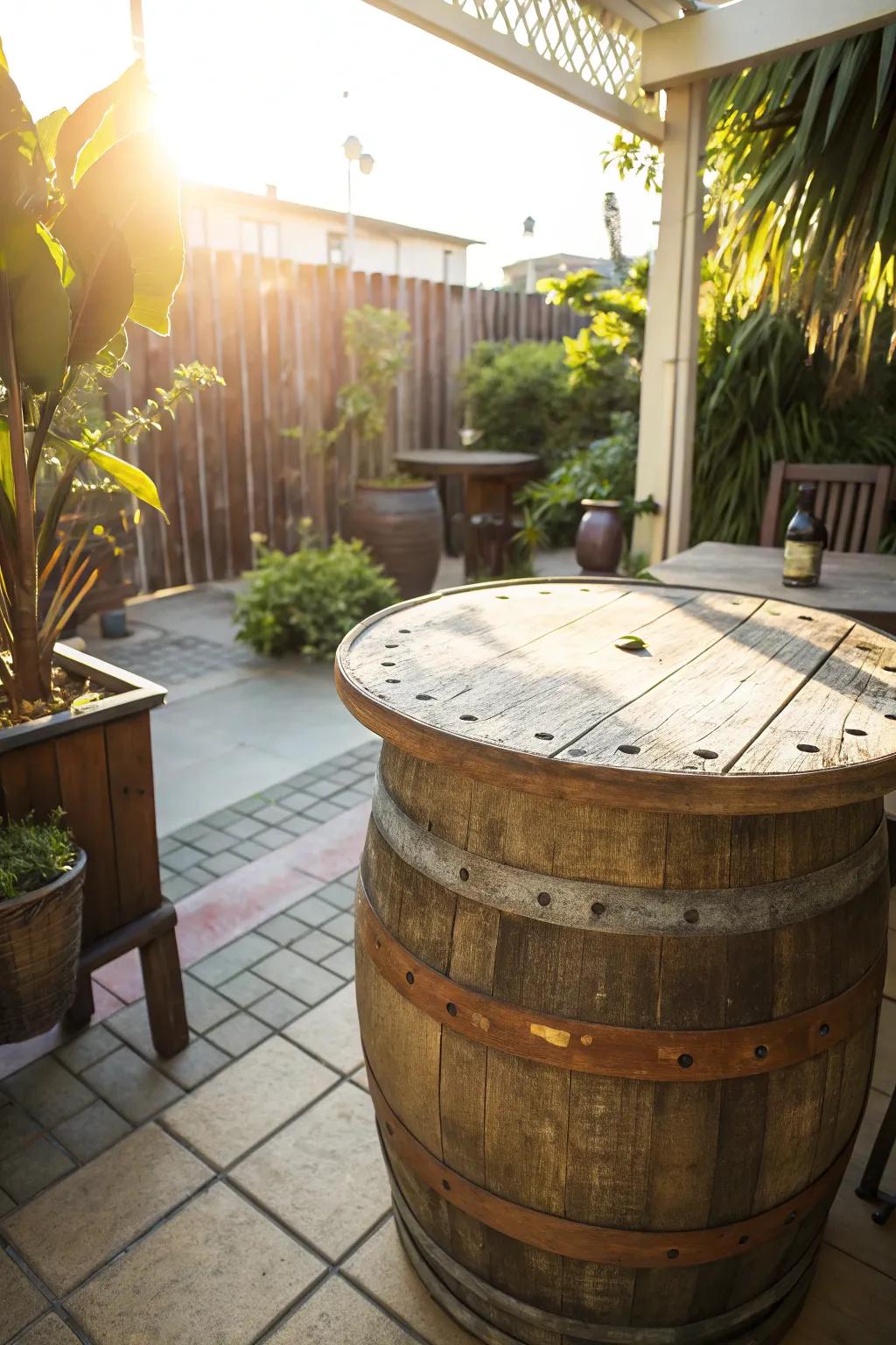 Vintage barrel table tops add rustic charm and character to outdoor spaces.
