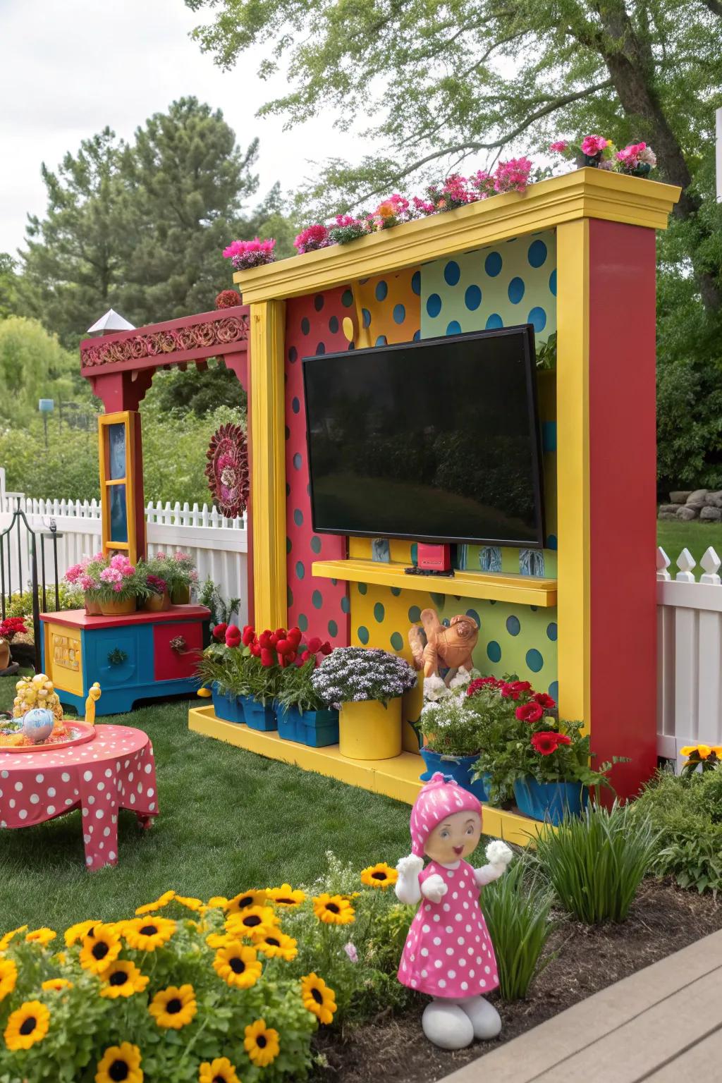 Incorporate a dash of color using a vibrant television housing in your garden.