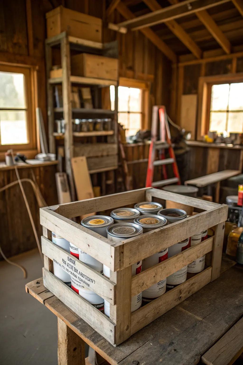 Specially Made Wood Crate Designed for Storing Paint Cans.