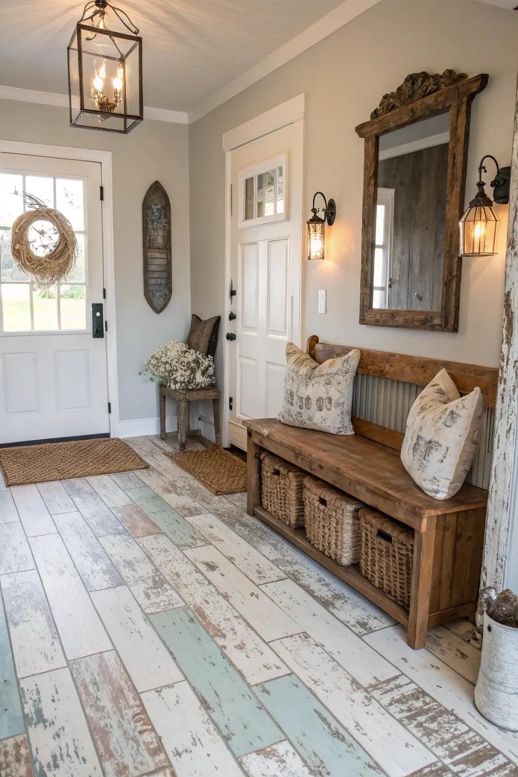 An entryway with country farmhouse painted floors, giving warmth and character to the space.