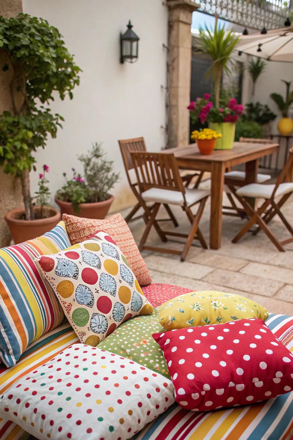 Pattern mixing creates an eclectic and eye-catching patio.