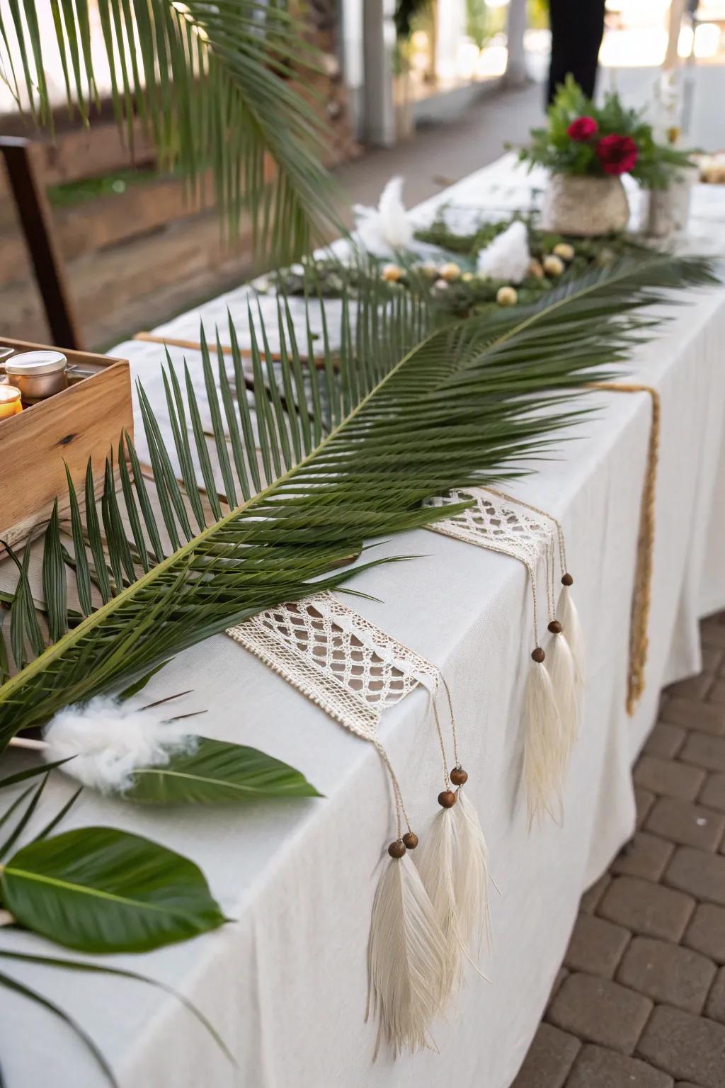 Boho elements complement palm fronds for a free-spirited vibe.