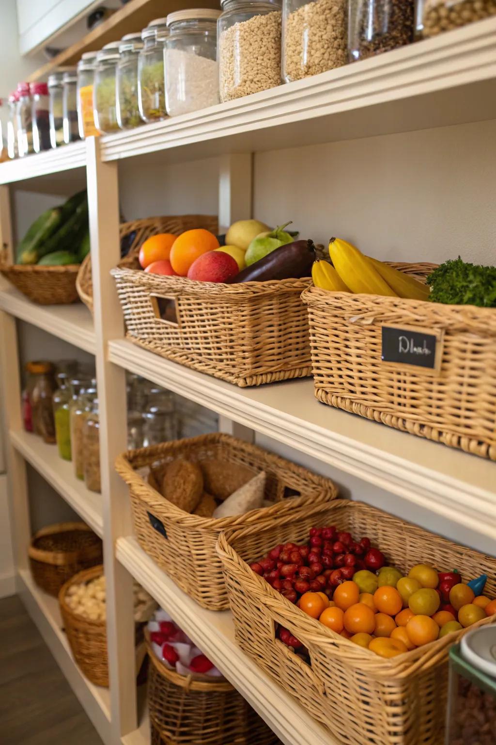 A pantry shelf that's organized using woven baskets to add natural texture.