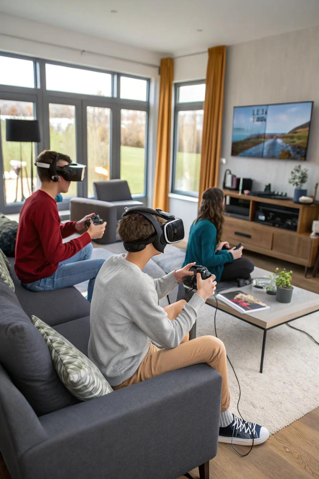 Teenagers testing immersive adventures at a virtual landscape celebration.