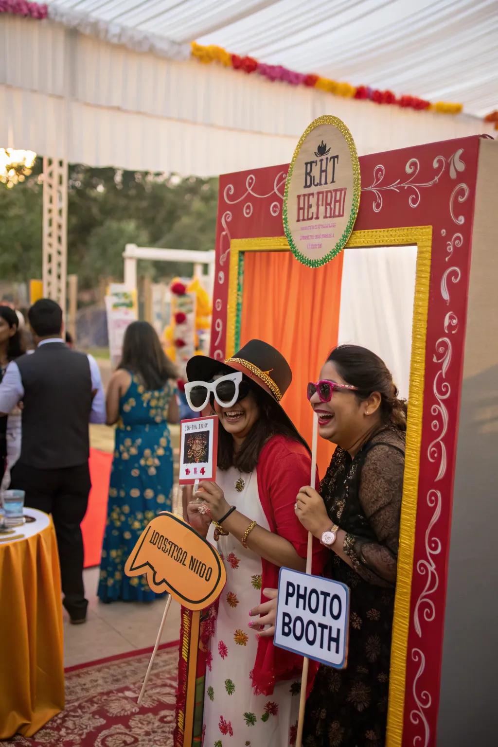 A fun DIY photo corner setup at a rice-feeding event.