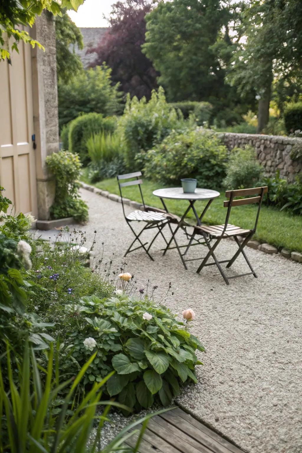 A pebble terrace with simple, rustic outdoor furniture.