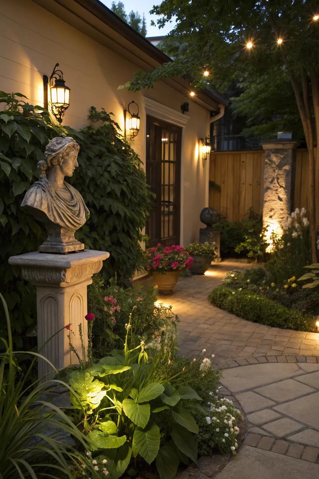 Accent illumination introduces depth and highlights lovely garden features.