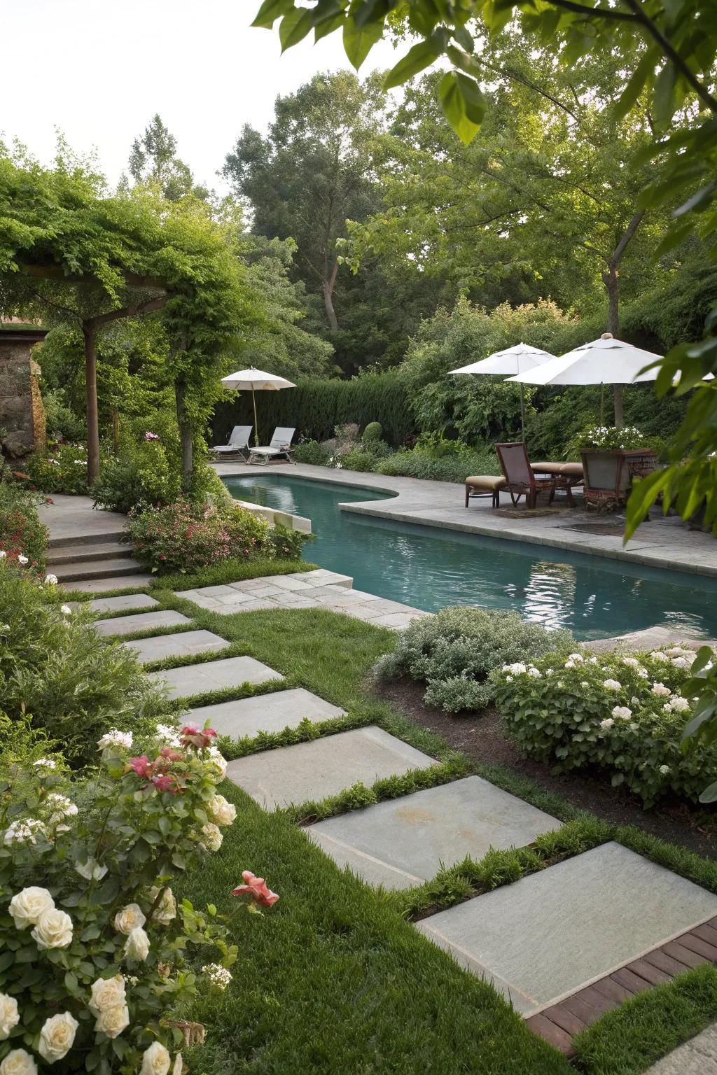 Stepping stones make for a charming path to the pool.