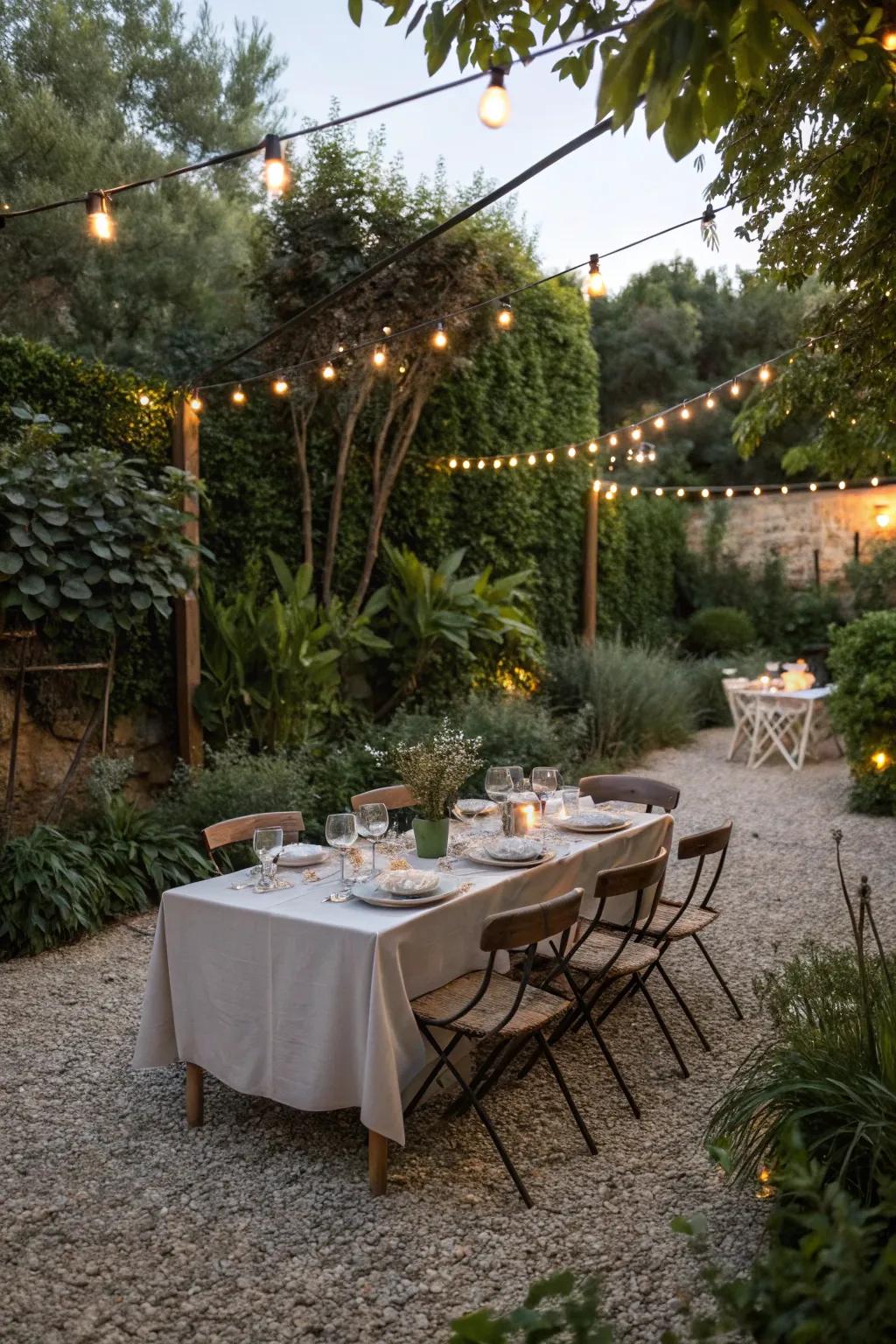 Stylish outdoor dining beneath twinkling lights.