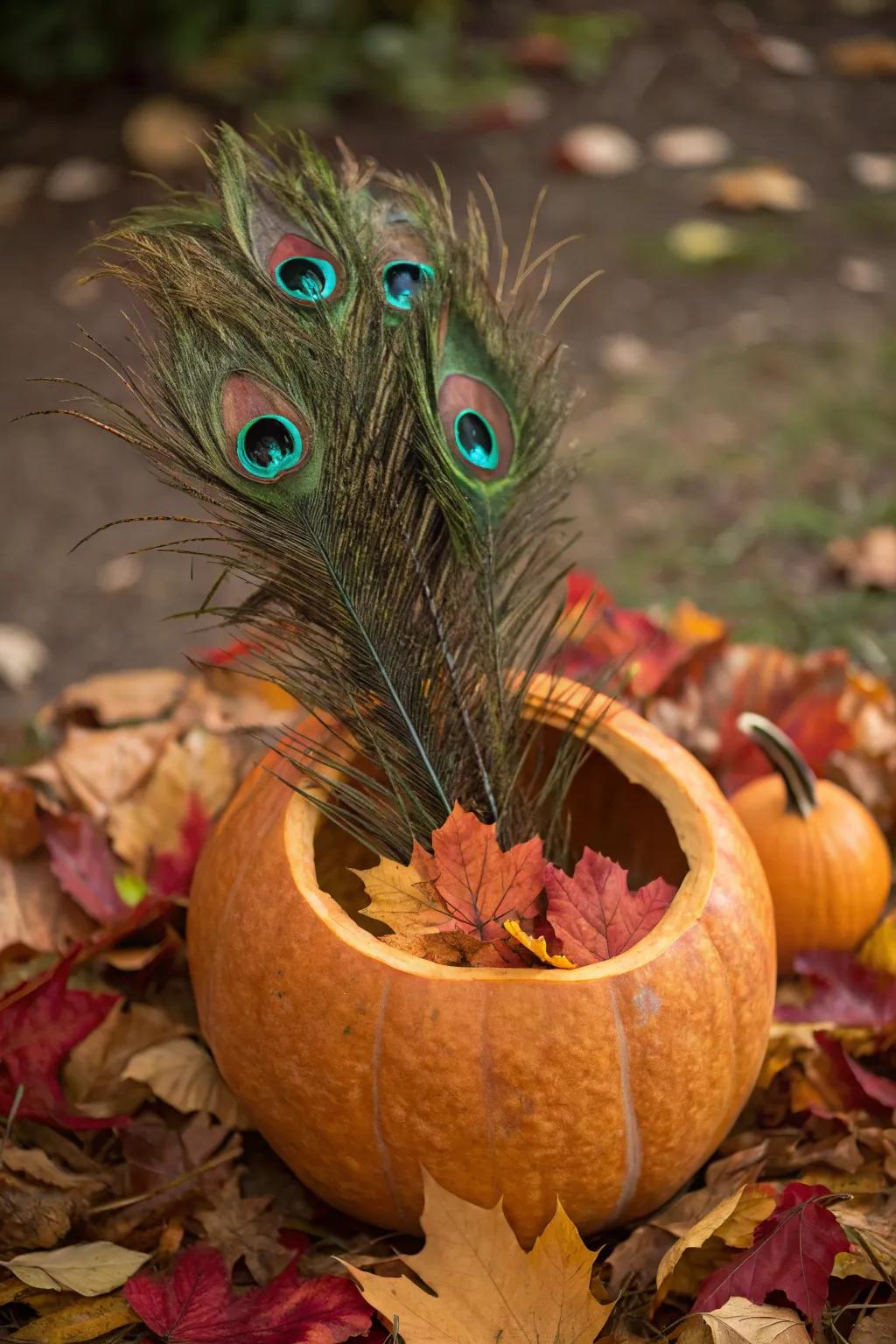 Autumnal charm created with a squash peacock plume arrangement.