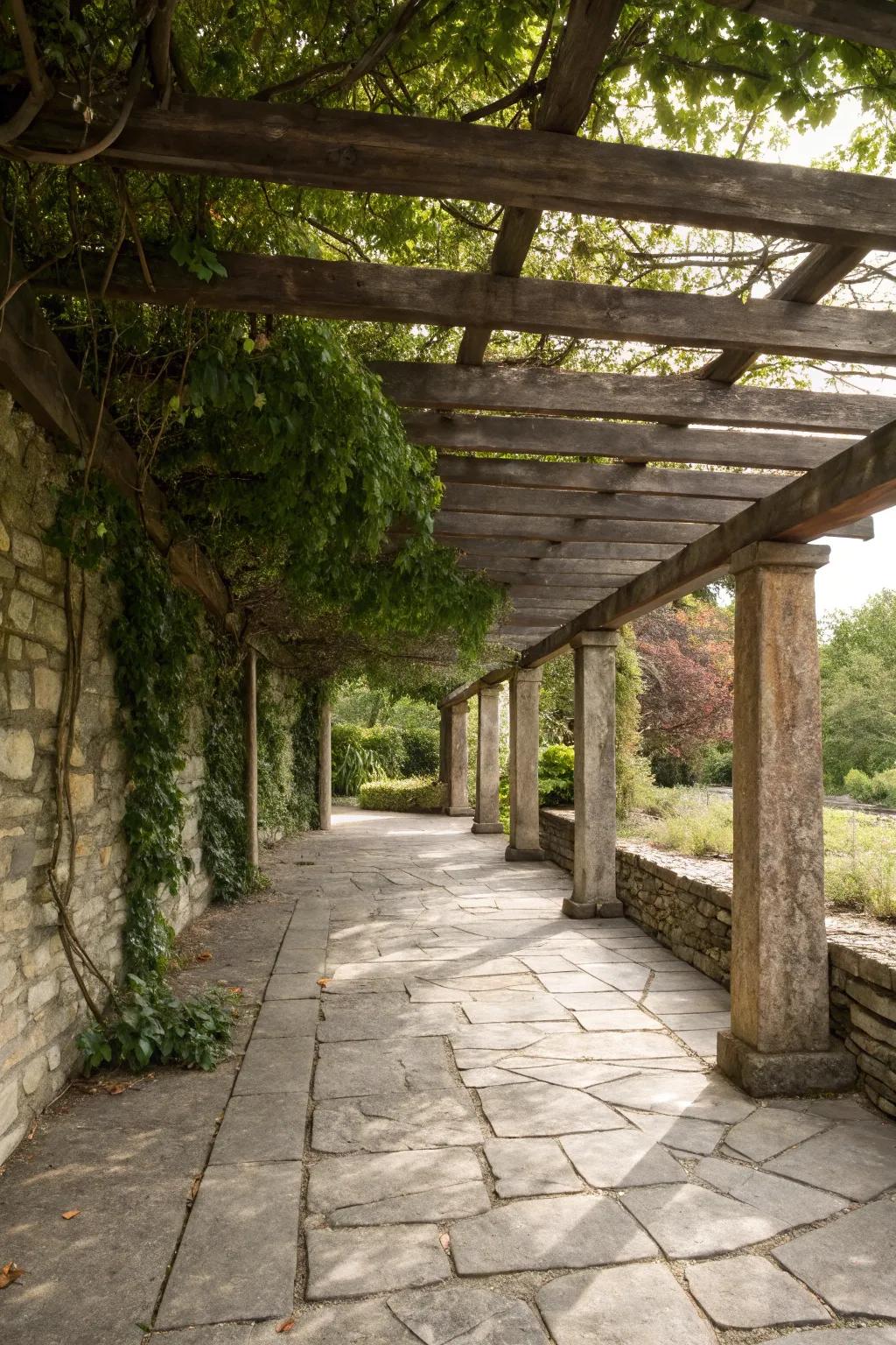 Layering textures creates a rich, inviting atmosphere under your pergola.