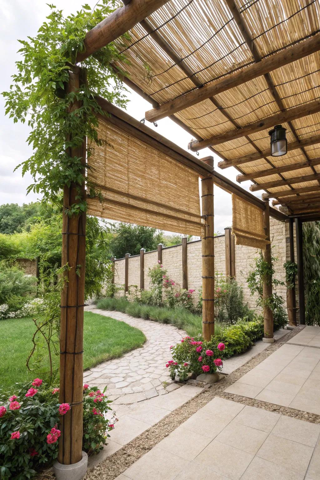Bamboo shades add sustainable charm to pergolas.