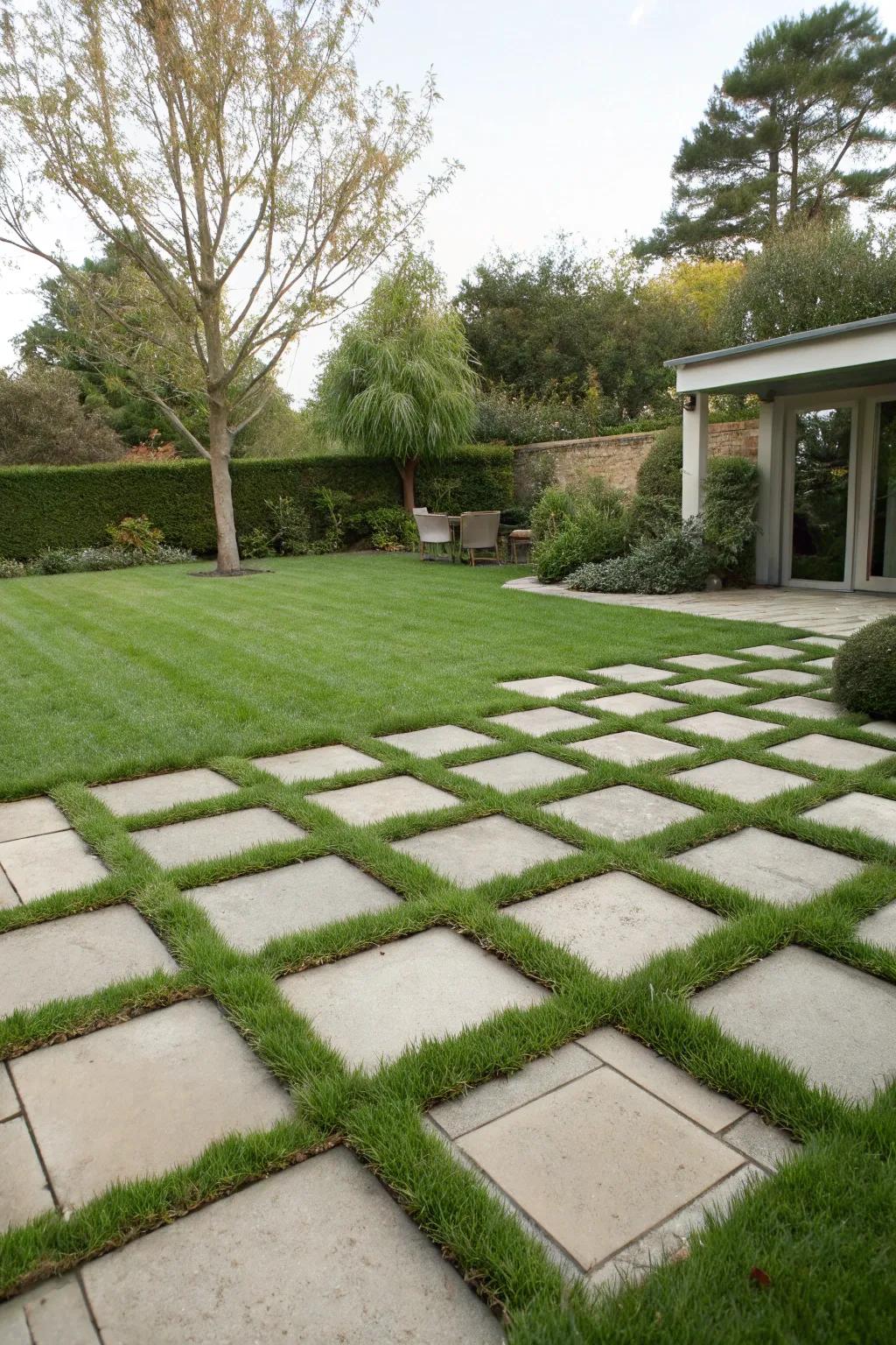 Grass paving stones offer a lush and durable patio surface.