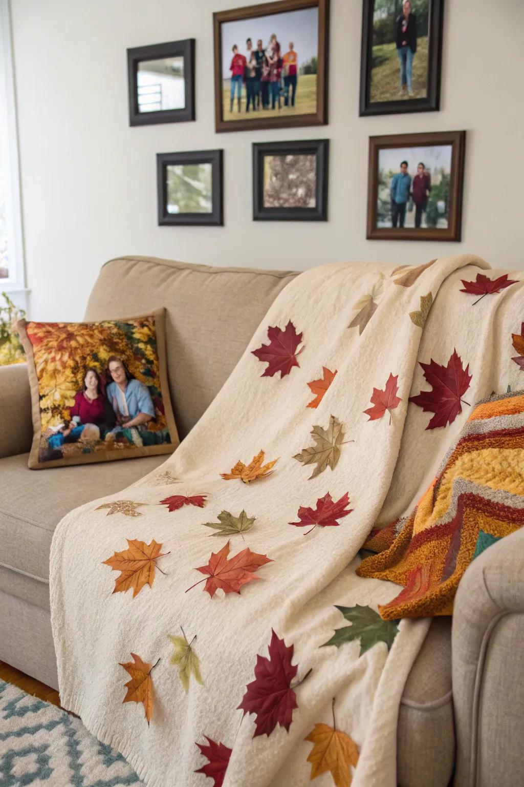 A fall-themed throw with autumn leaves and family gathering photos, perfect for seasonal warmth.