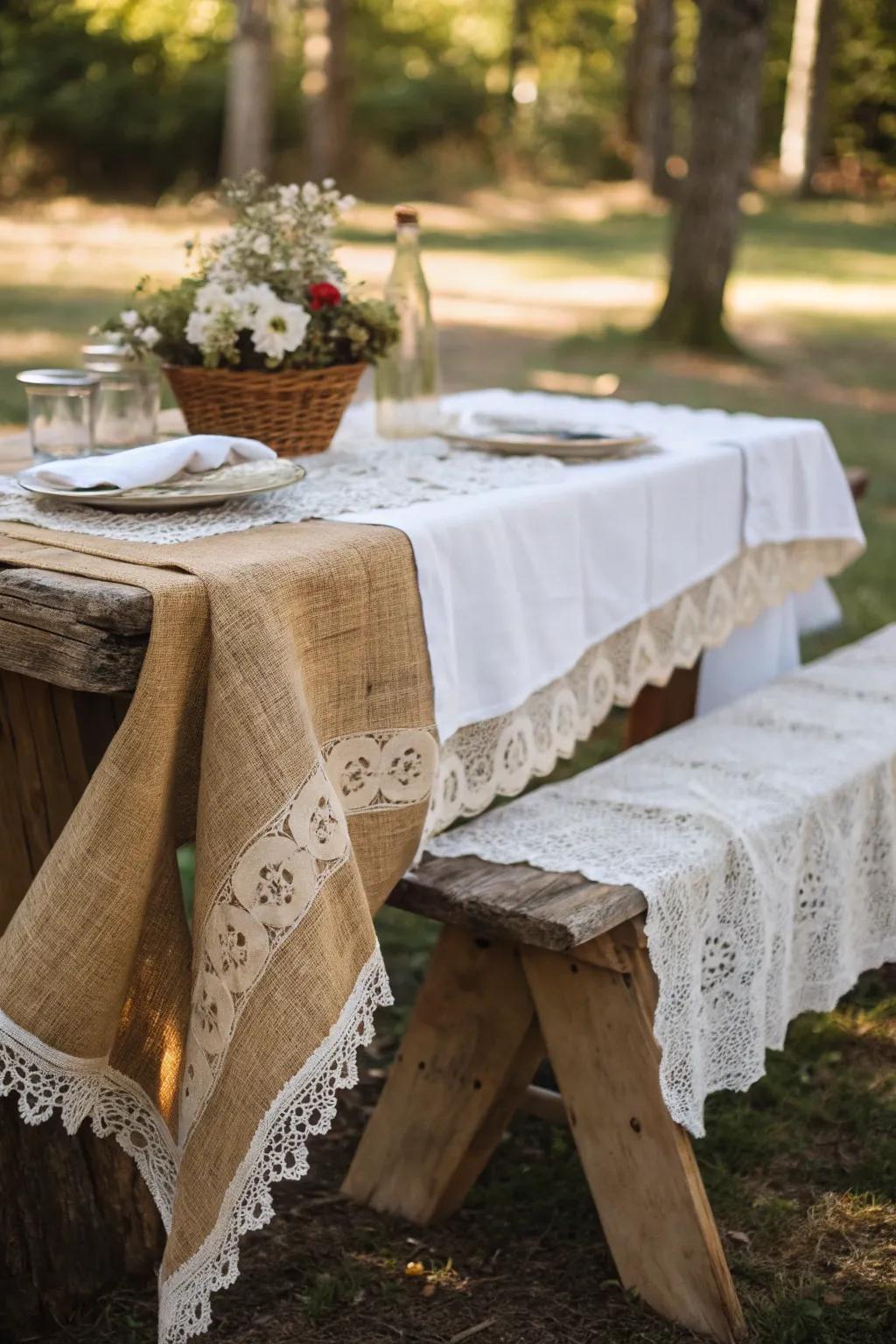 Layered textures of burlap and lace add depth and elegance to this picnic table.
