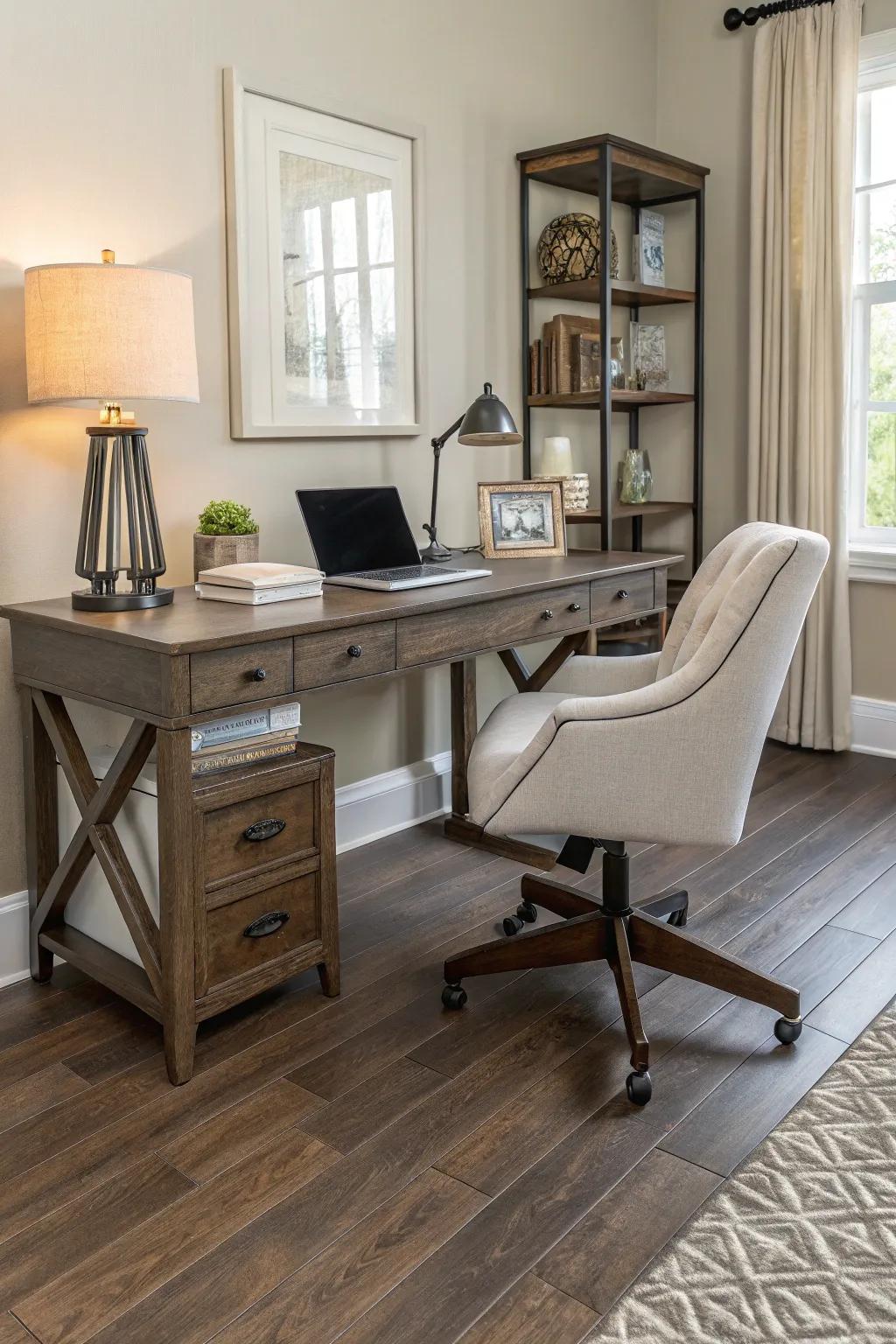 Refined lumber floors imbue home offices with elegance and strength.