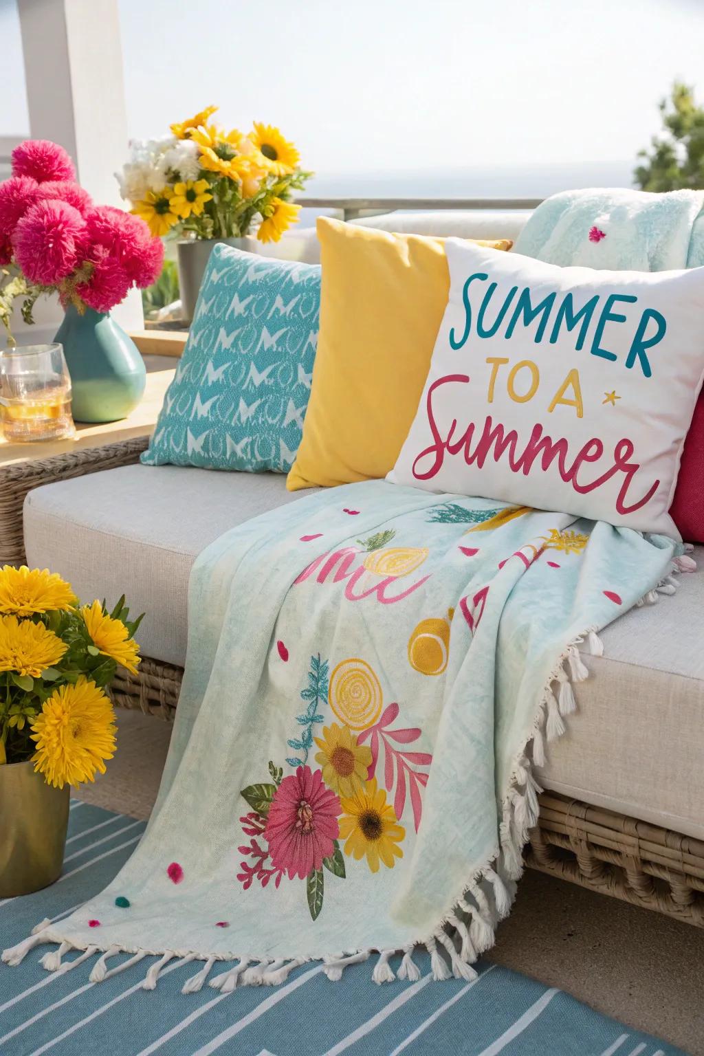 A seasonal couch cover on a sofa, showing a shift in the design theme.