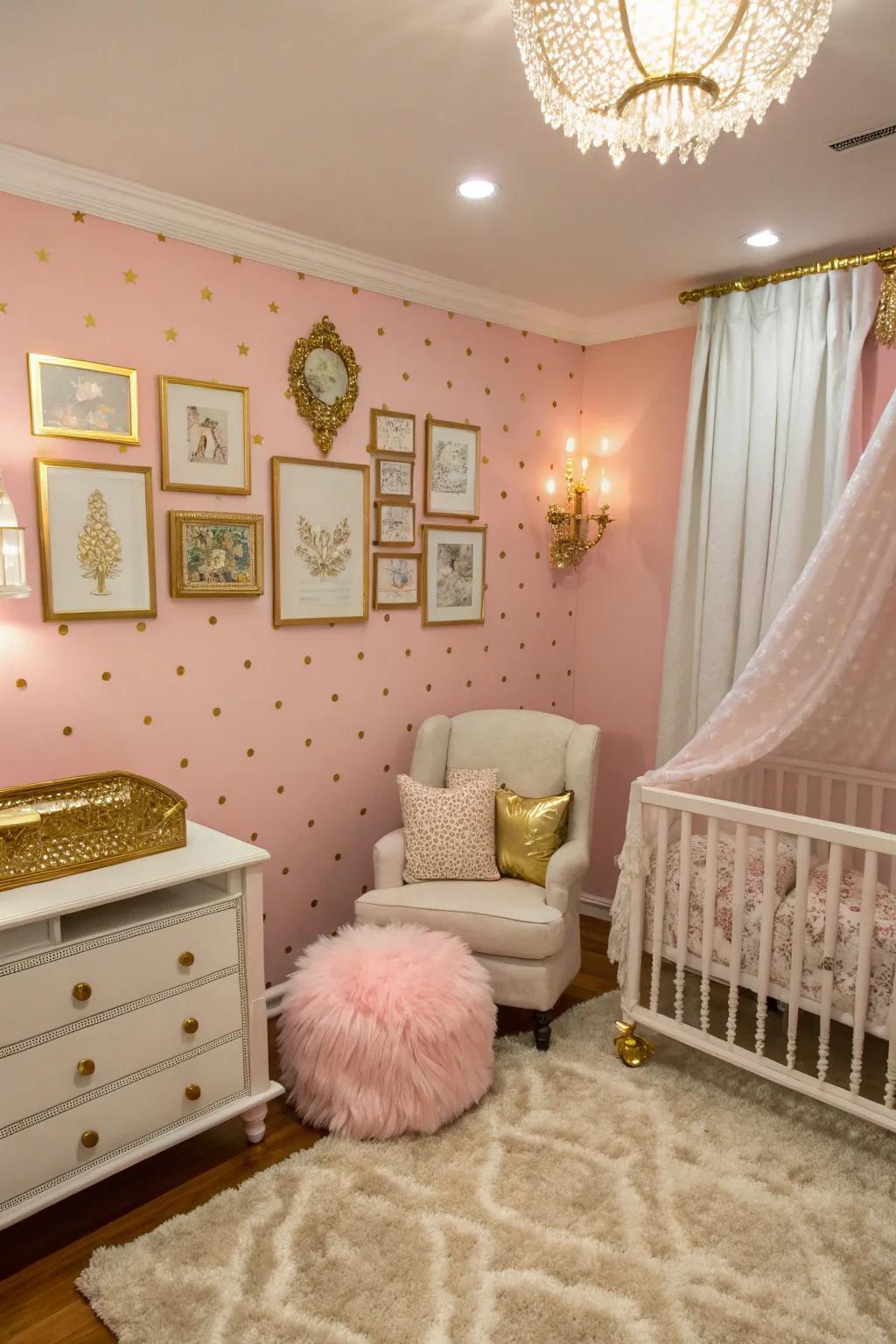 A glamorous nursery with a pink wall adorned with gold accents.