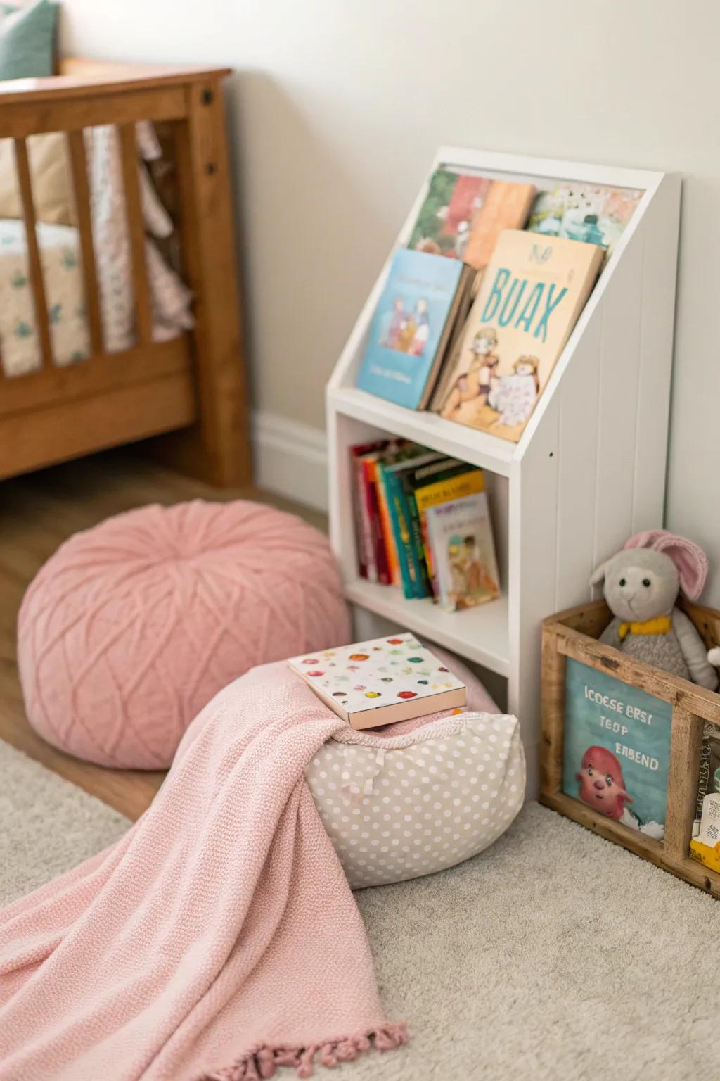 An inviting reading corner encourages warmth and relaxation.
