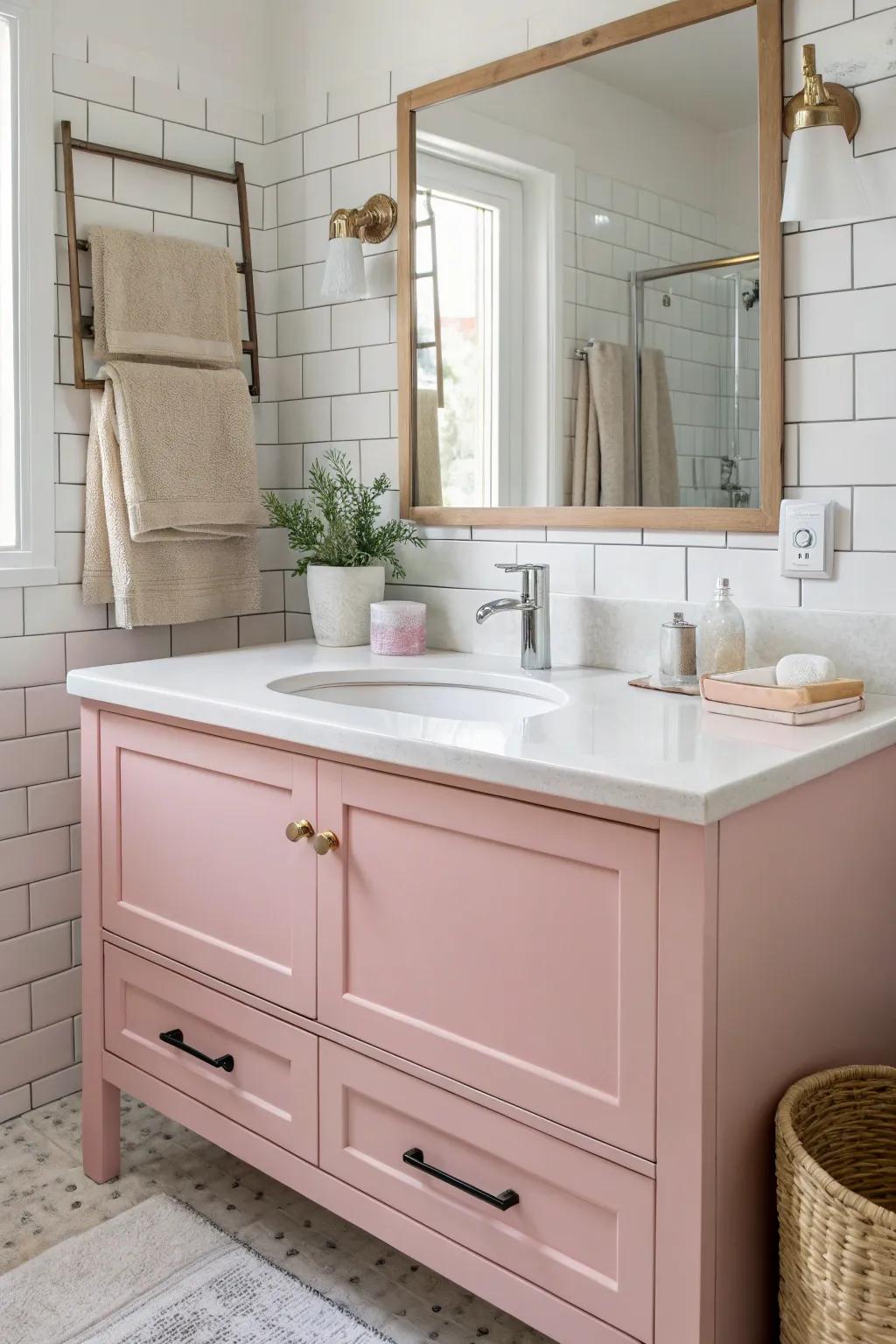 A rose dressing table can be the focal point of the restroom.