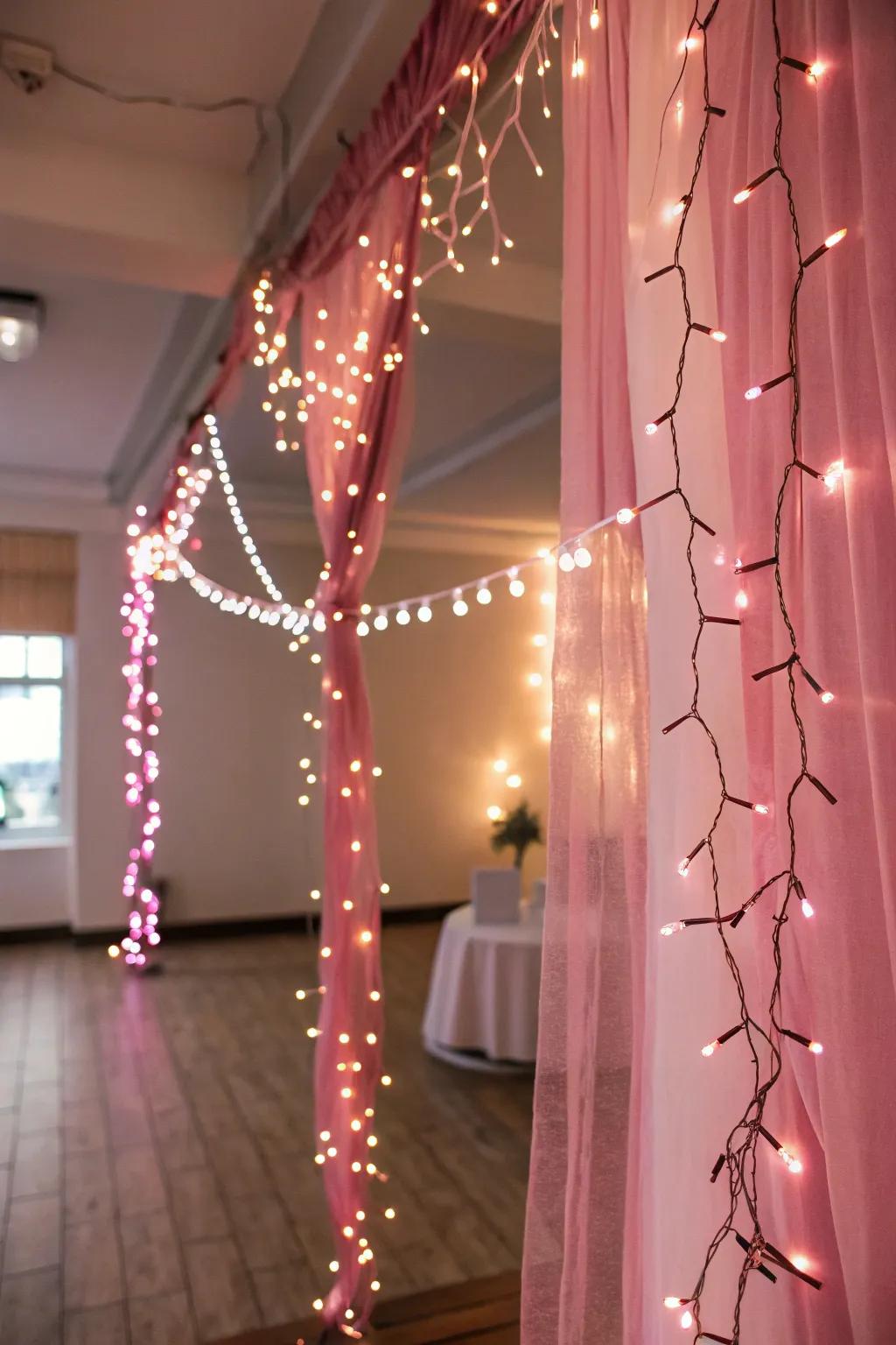 Playful pink fairy lights amplifying the festive spirit.