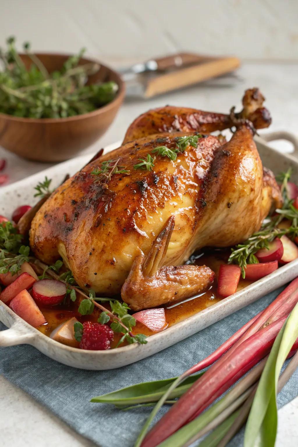 Rhubarb coated fowl is a delightful blend of savory and sweet.
