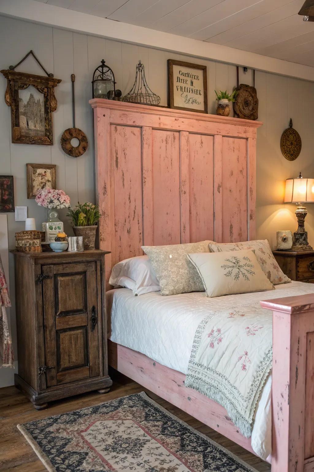 A rustic and charming bedroom featuring a pink distressed wood headboard.