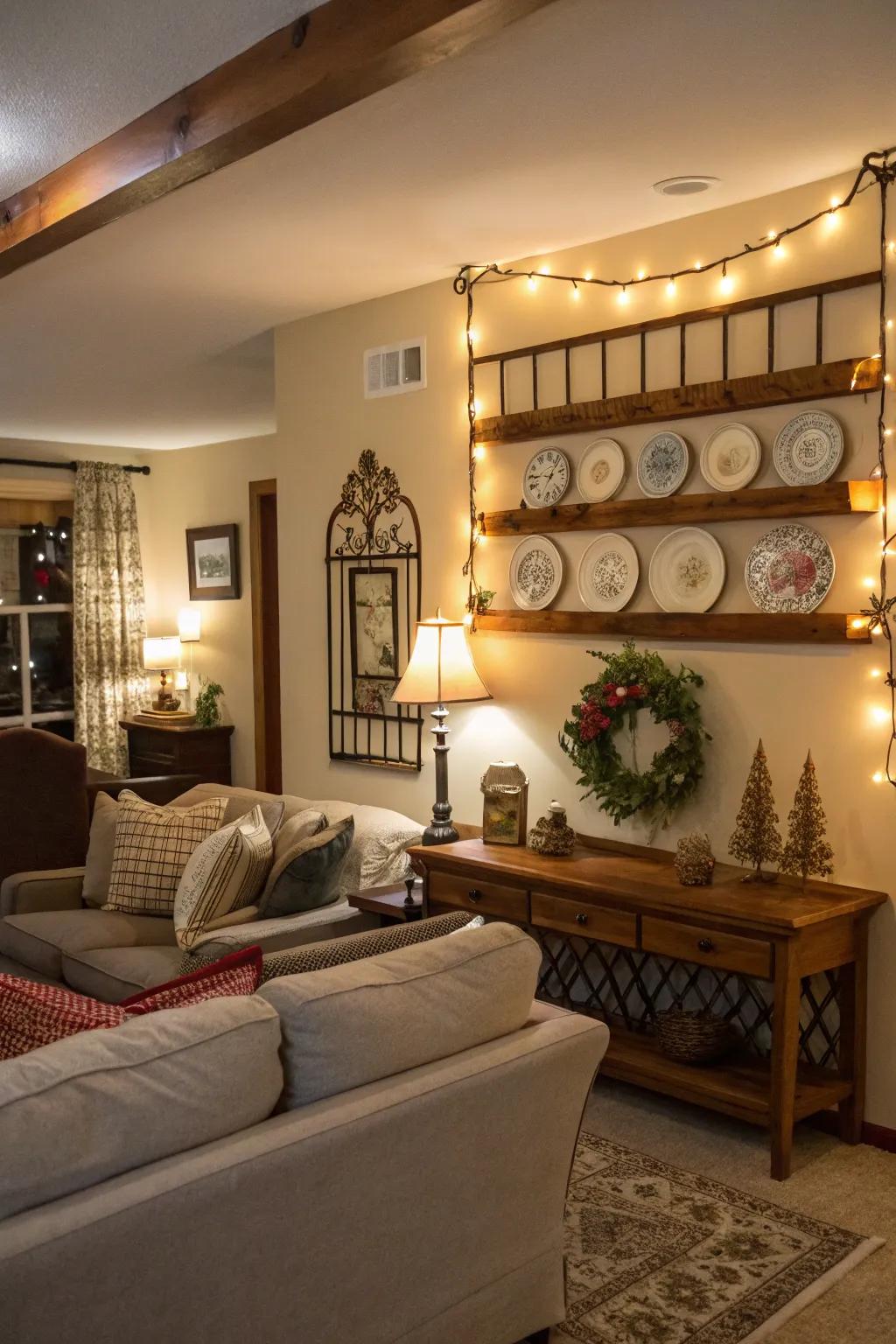 An inviting living space showcasing a surprising plate rail attribute