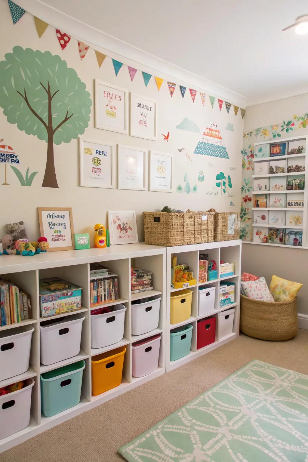 A playroom with themed storage solutions and exciting decorative items.