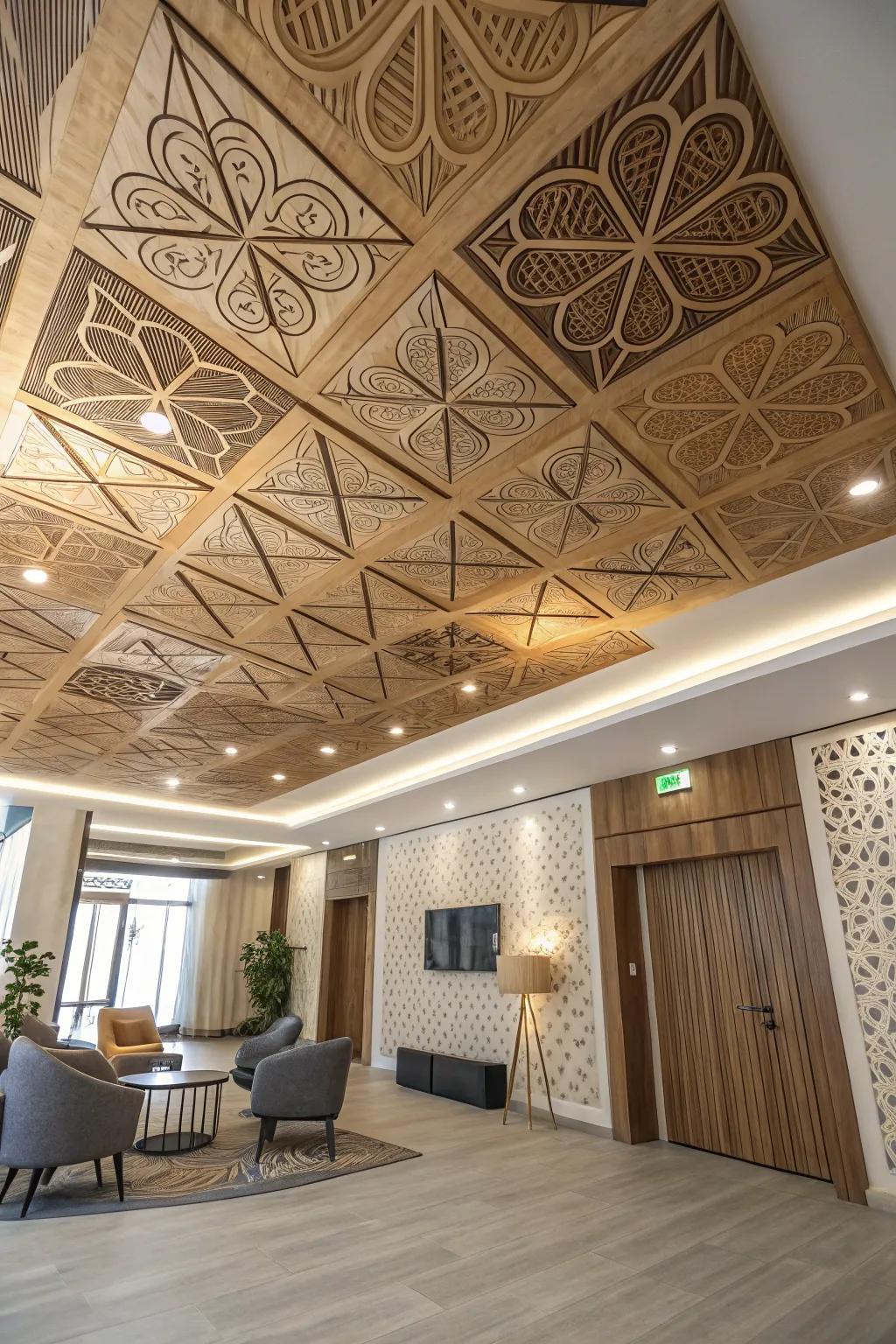 A breathtaking symmetrical plywood ceiling that introduces architectural flair.