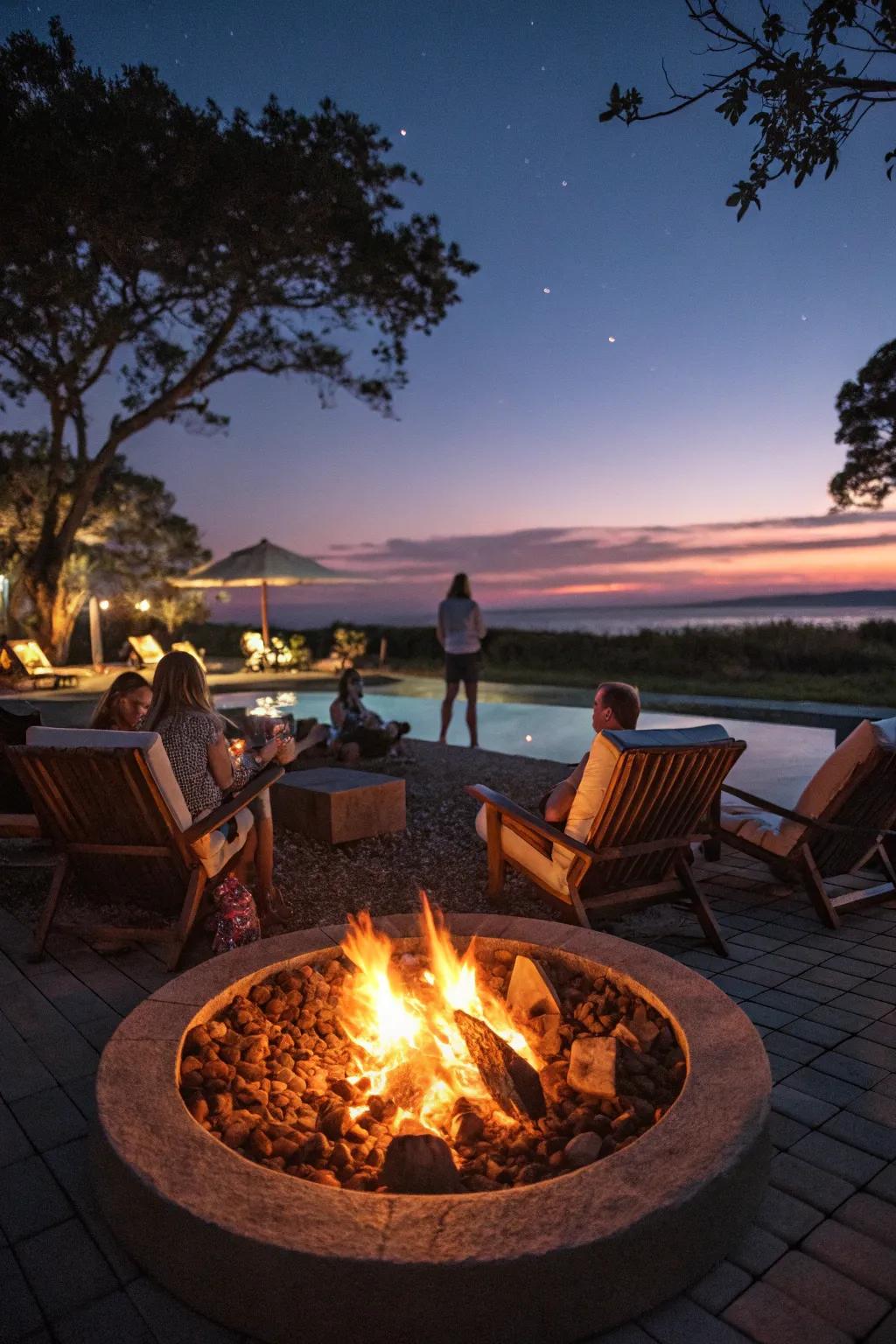 A fire pit brings warmth and charm to your poolside, ideal for evening get-togethers.