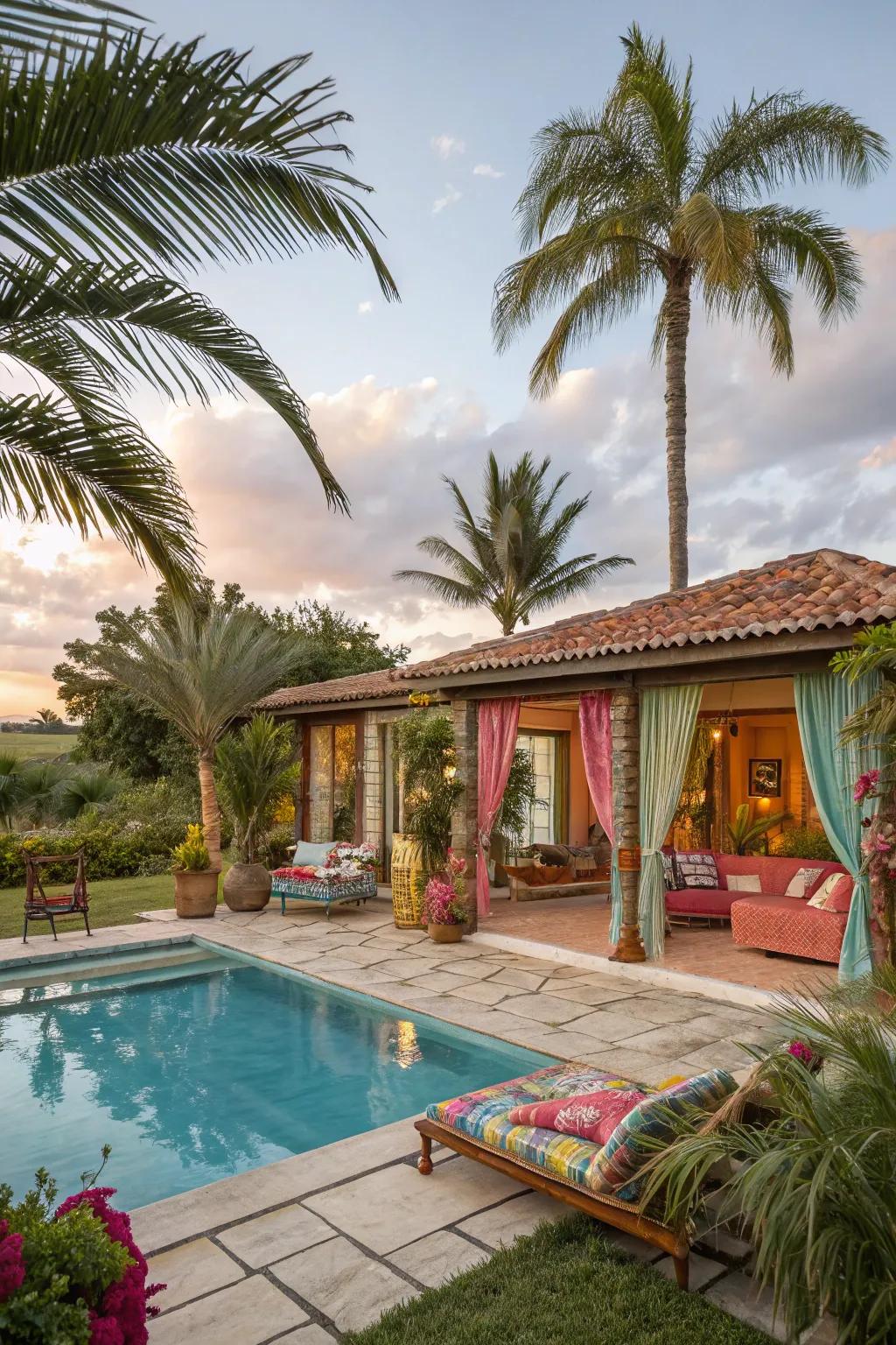 A pool house featuring a dynamic, tropical sanctuary motif.