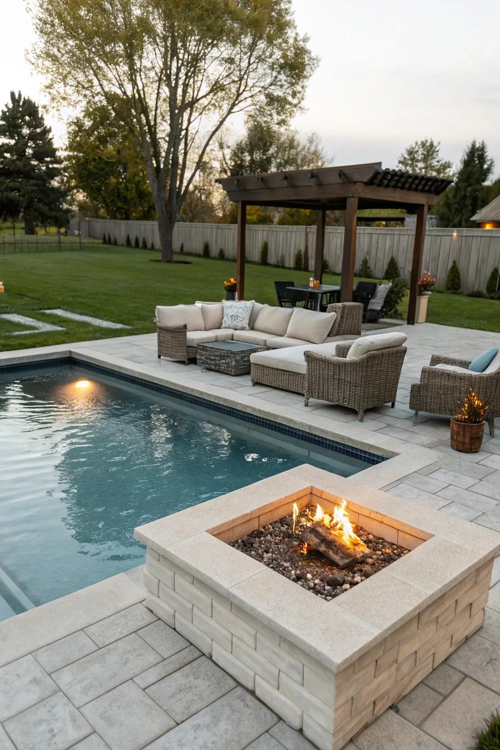 A cozy poolside fire pit perfect for gatherings.
