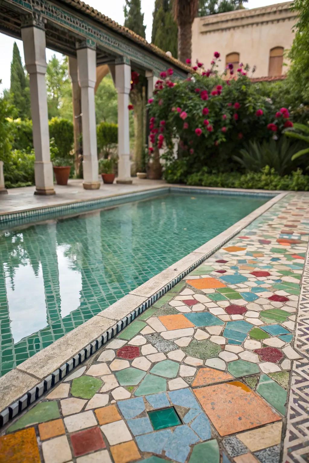 A pool displaying a stunning mosaic tile design.