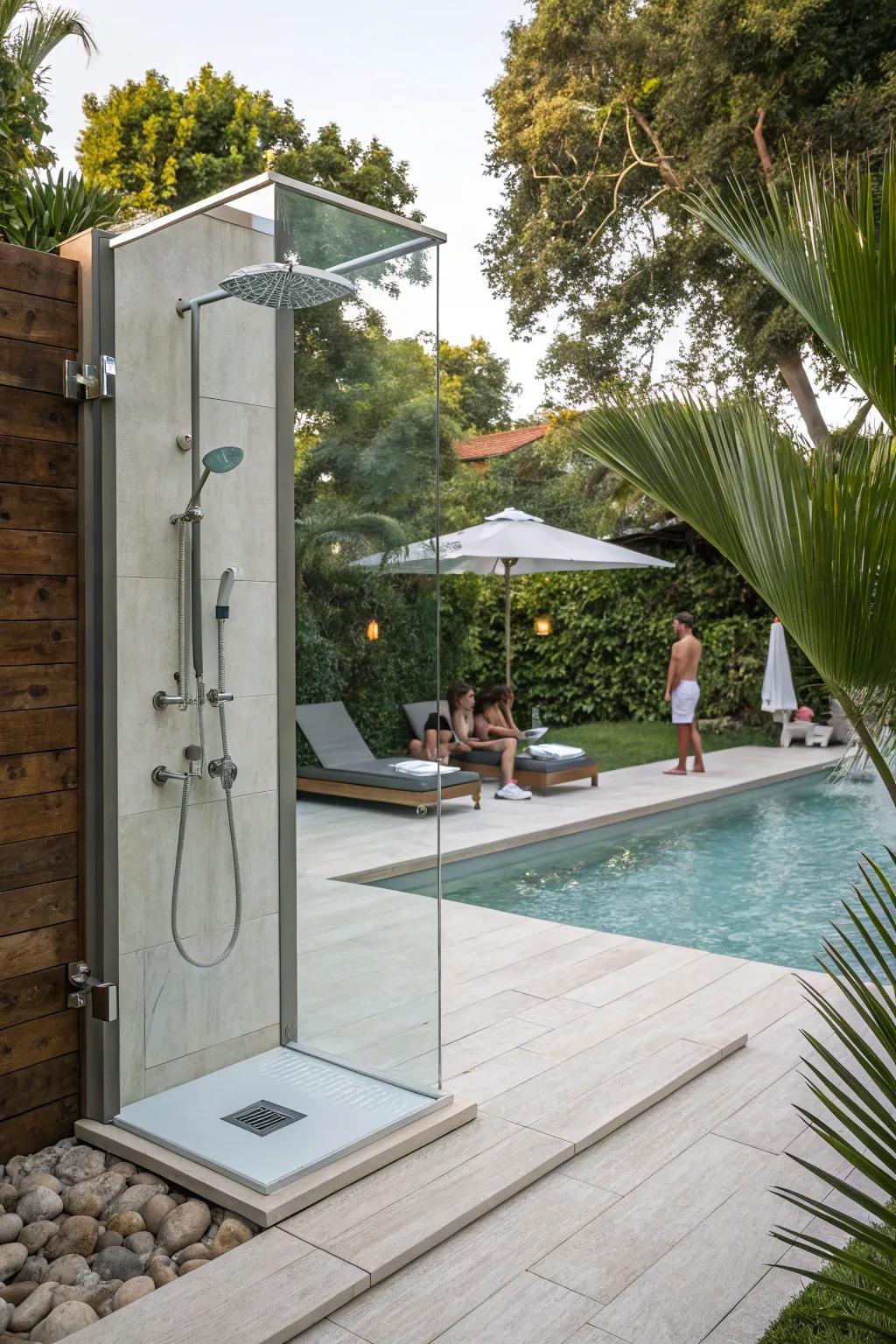 An outdoor wash station delivers a rejuvenating and practical poolside feature.