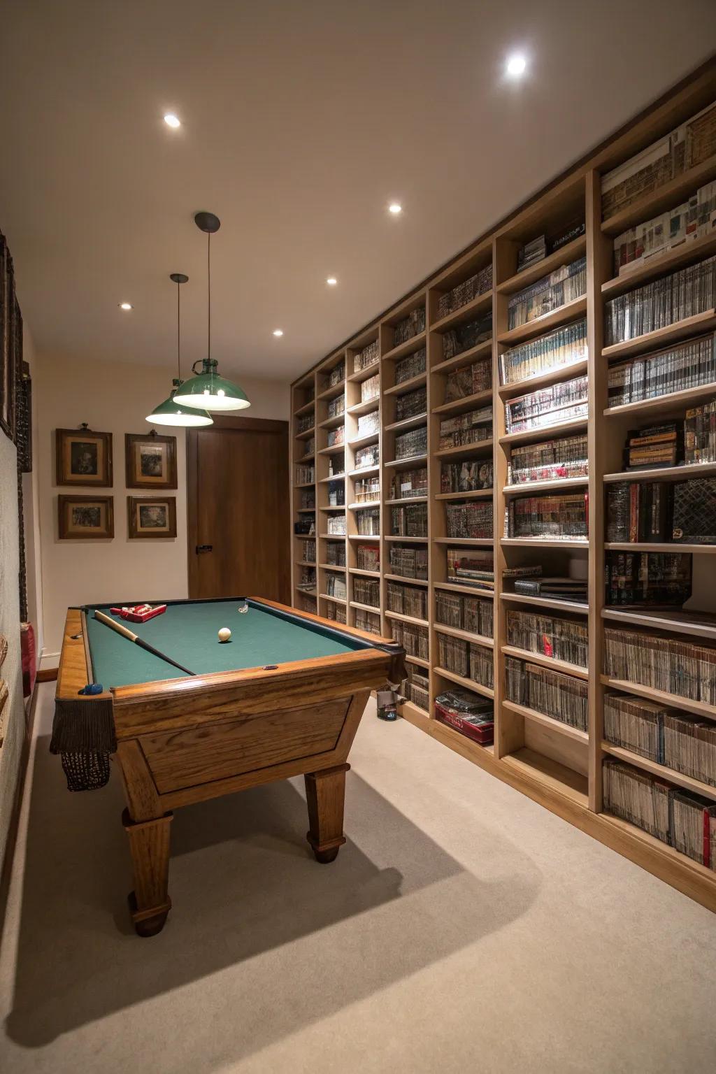 Vertical decor aspects make the small pool table room seem taller and more open.