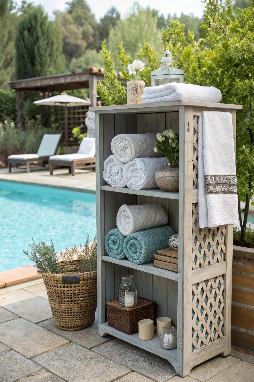 Repurposed bookshelf for a cozy poolside touch.