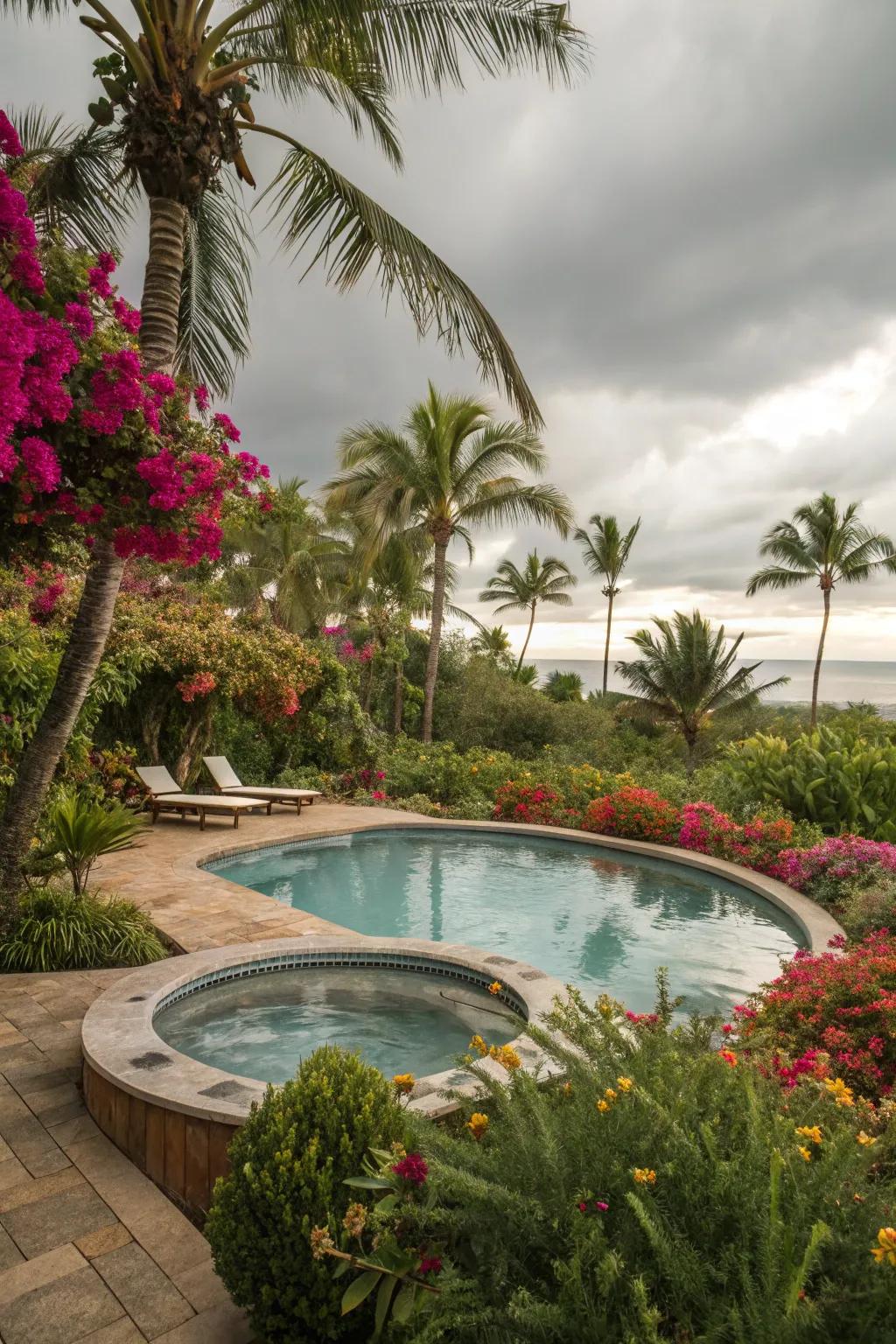 A tropical paradise in your backyard featuring date palms and colorful blooms.