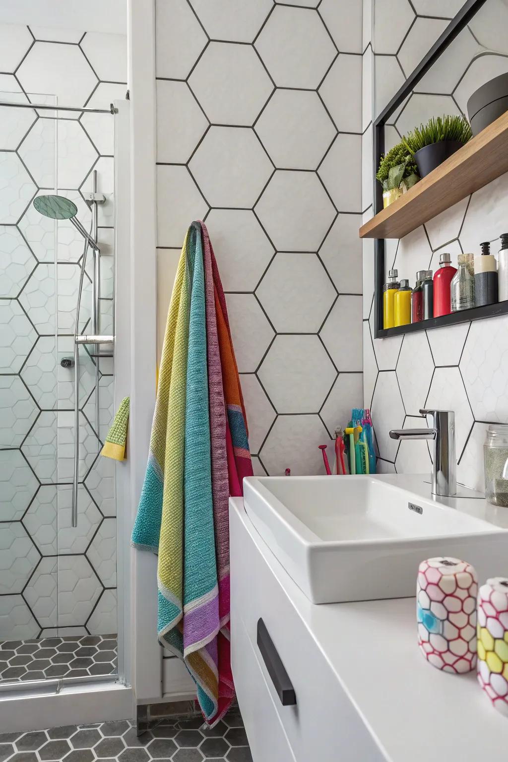 Hexagon tiles bring a modern playful twist to this contemporary bathroom design.