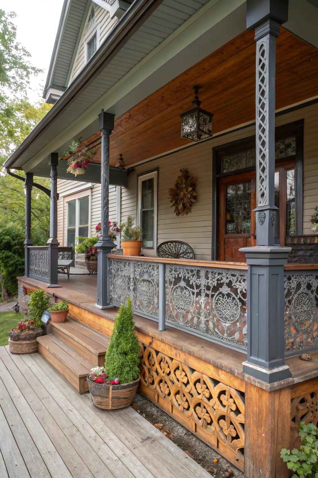 A unique porch with a knee wall of mixed materials.