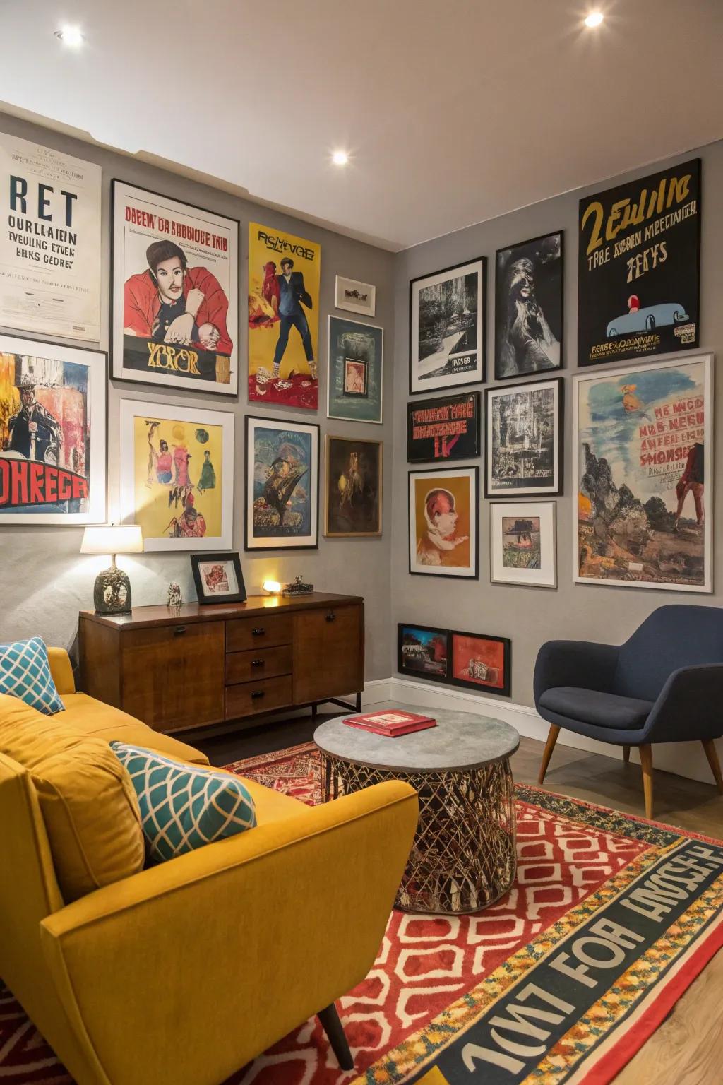 An eclectic living room with a diverse collection of poster styles.