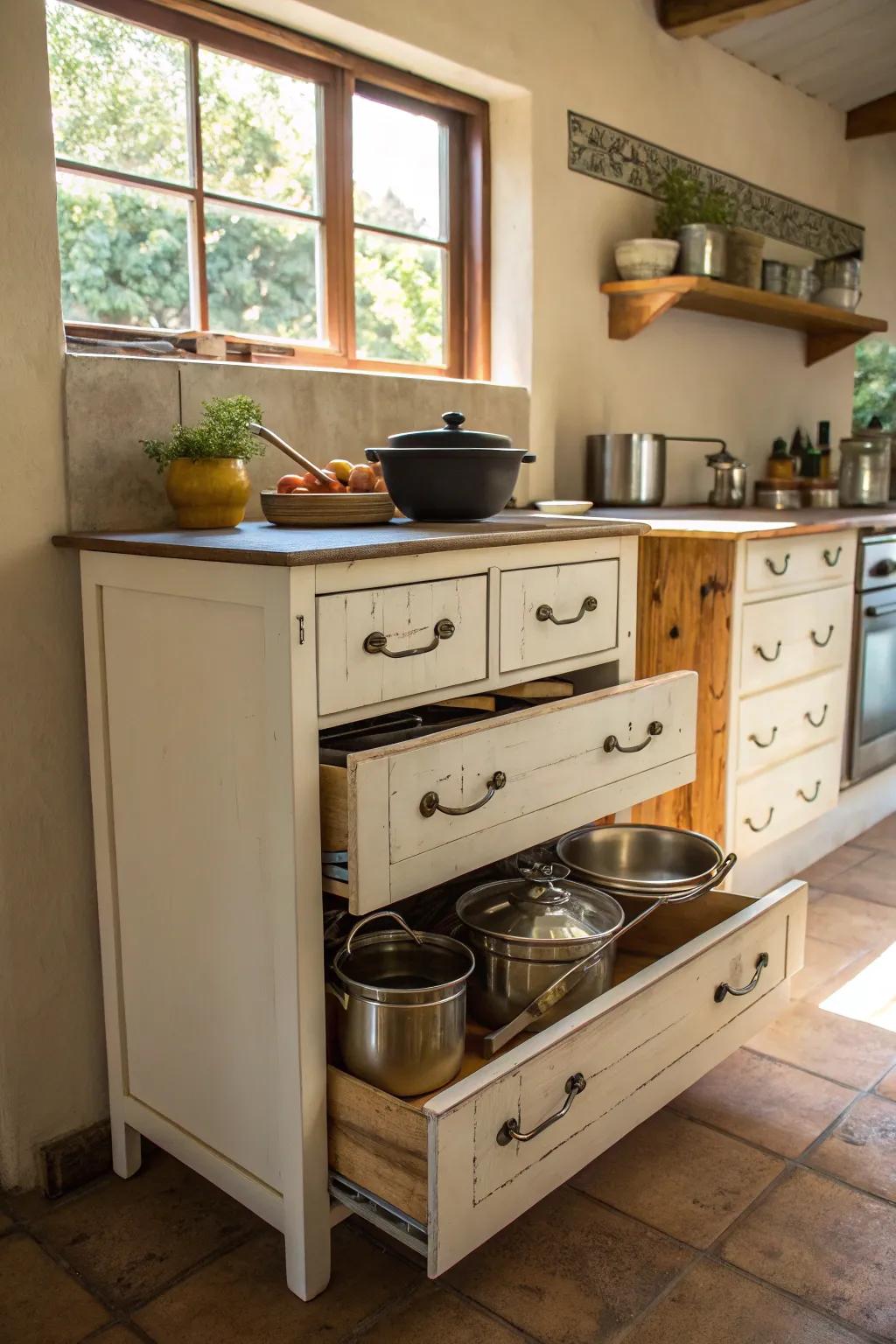 Repurposed furniture delivers uniquely functional storage solutions.
