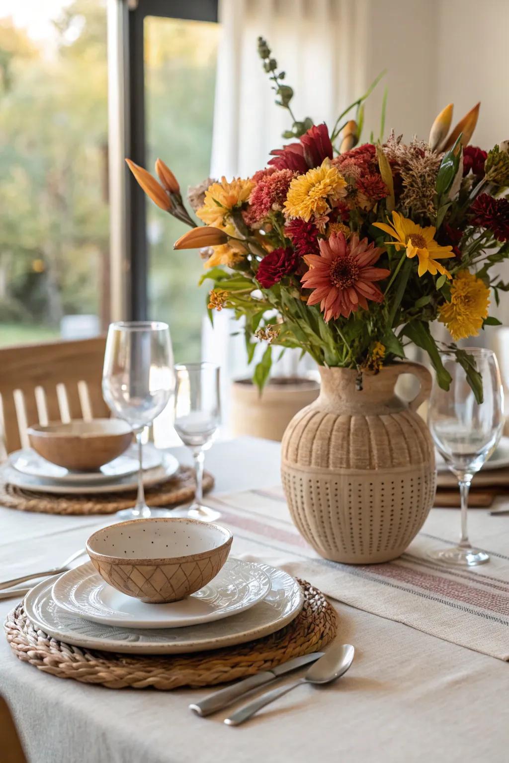 Pottery decoration featuring seasonal flowers on a dining table.